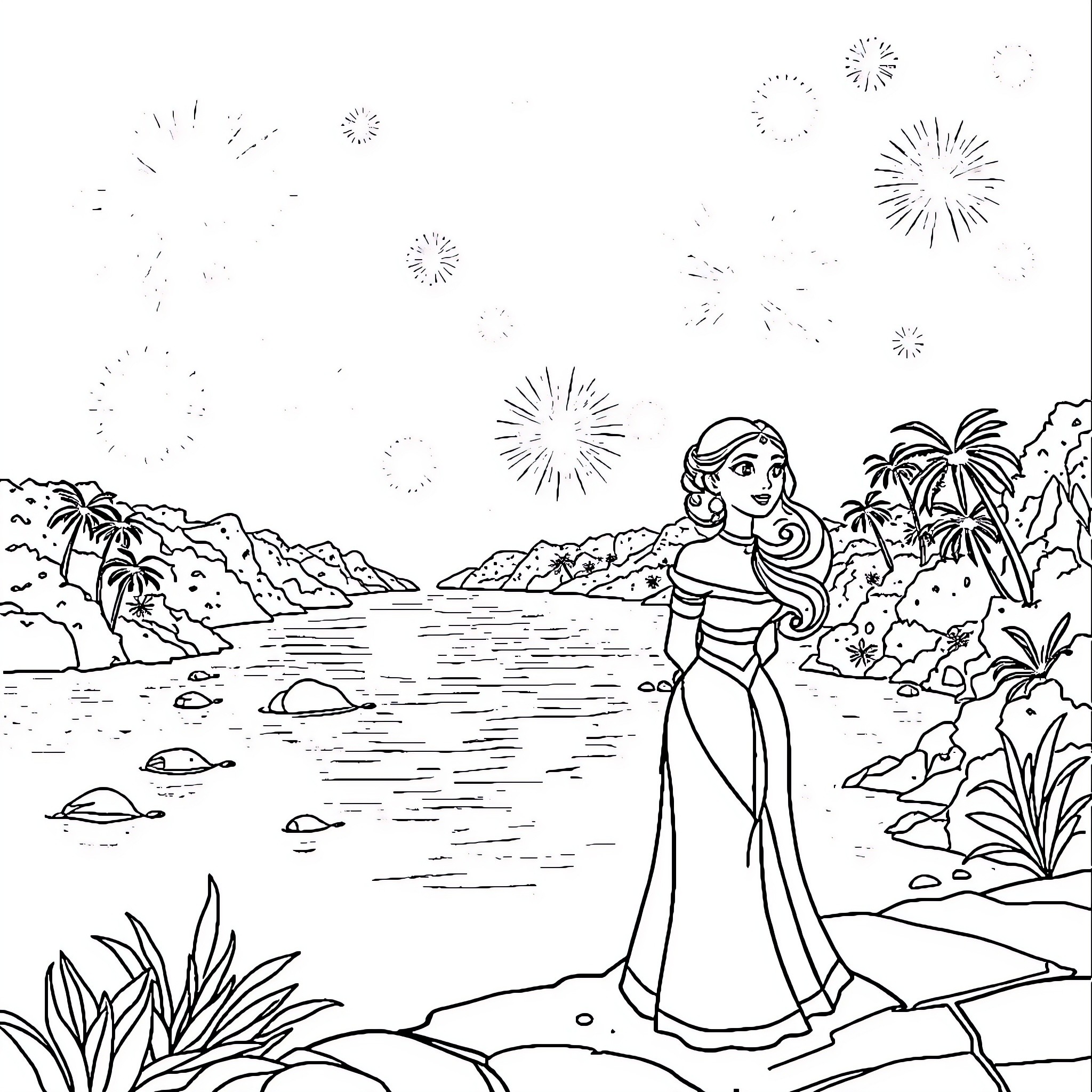 Princess Jasmine enjoying a scenic beach with fireworks Coloring Page (free black-and-white line drawing printable PDF for all, from beginners to advanced learners, including children, teens, adults, and seniors)