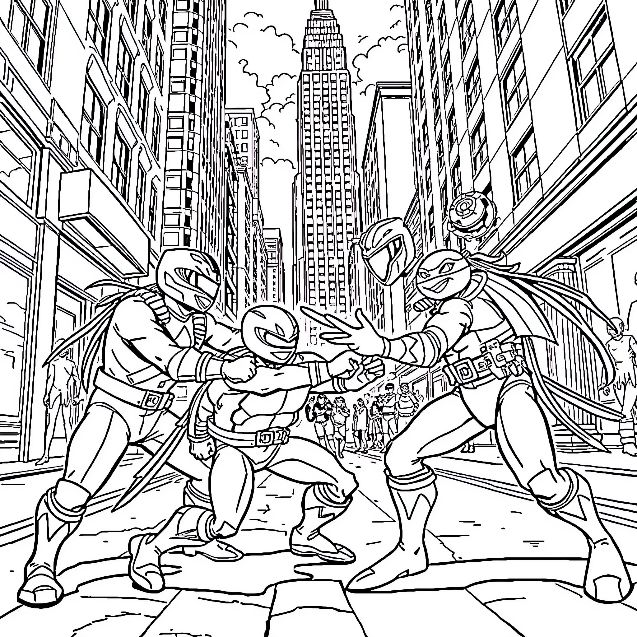 Power Rangers battle in the city streets Coloring Page (free black-and-white line drawing printable PDF for all, from beginners to advanced learners, including children, teens, adults, and seniors)