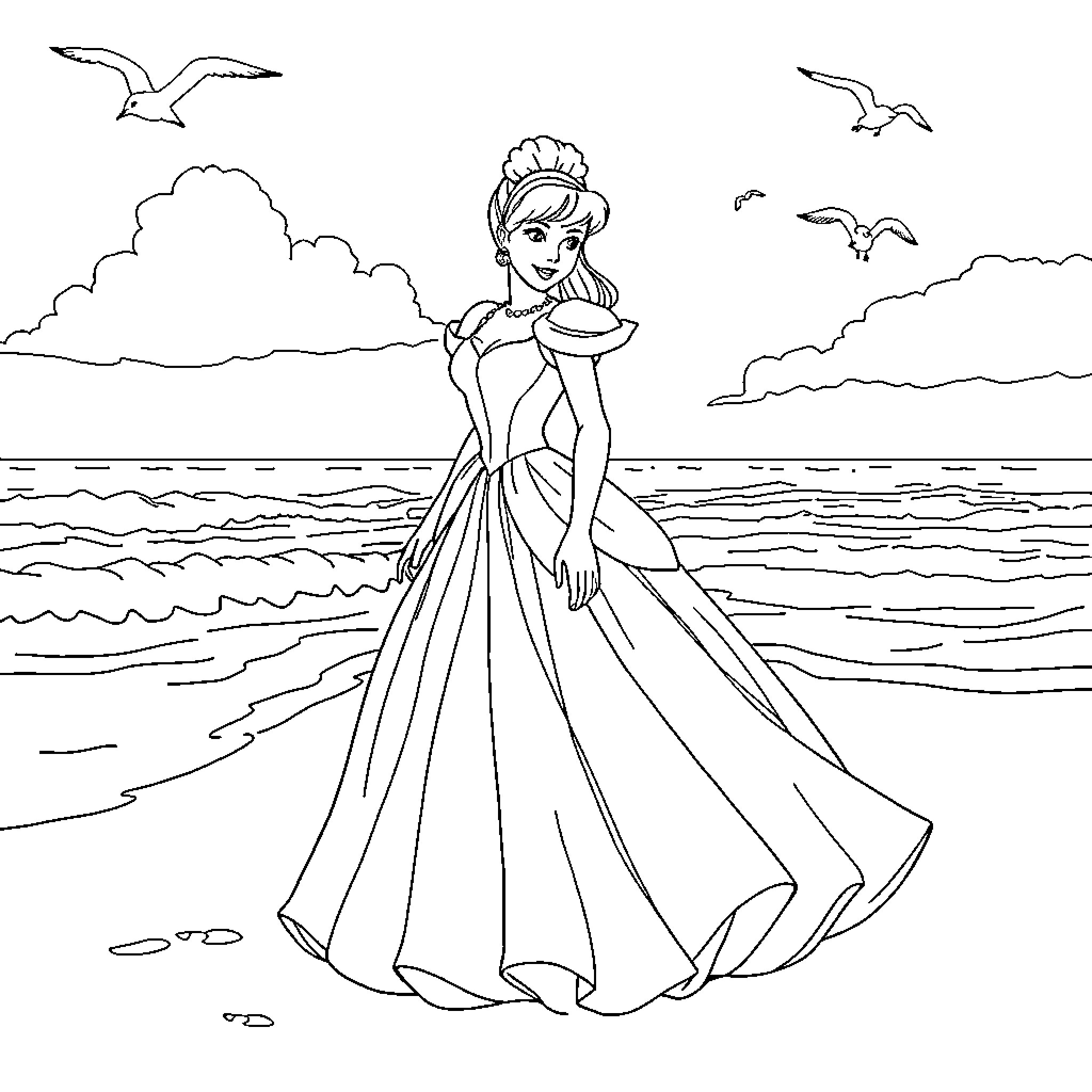 Cinderella gazing at the sunset by the beach Coloring Page (free black-and-white line drawing printable PDF for all, from beginners to advanced learners, including children, teens, adults, and seniors)