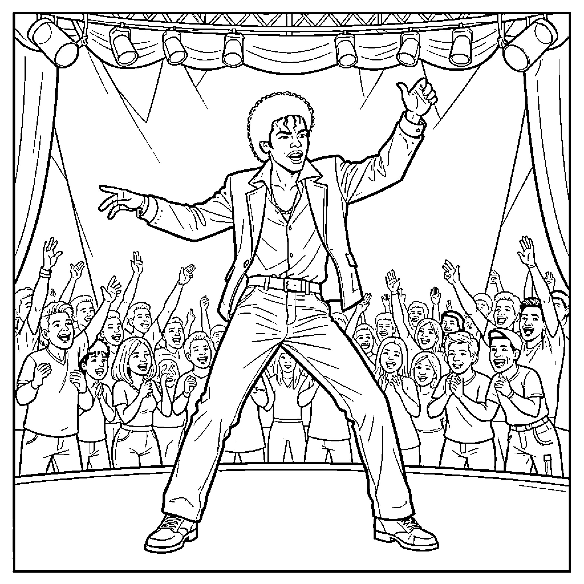 Michael Jackson performing energetically on a concert stage Coloring Page (free black-and-white line drawing printable PDF for all, from beginners to advanced learners, including children, teens, adults, and seniors)