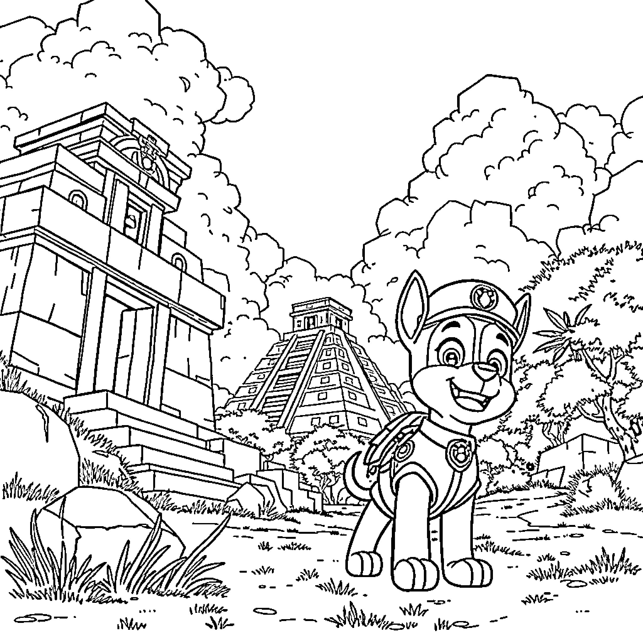 Chase through the Mayan Ruins with Friendly Paw Patrol Pup Coloring Page (free black-and-white line drawing printable PDF for all, from beginners to advanced learners, including children, teens, adults, and seniors)