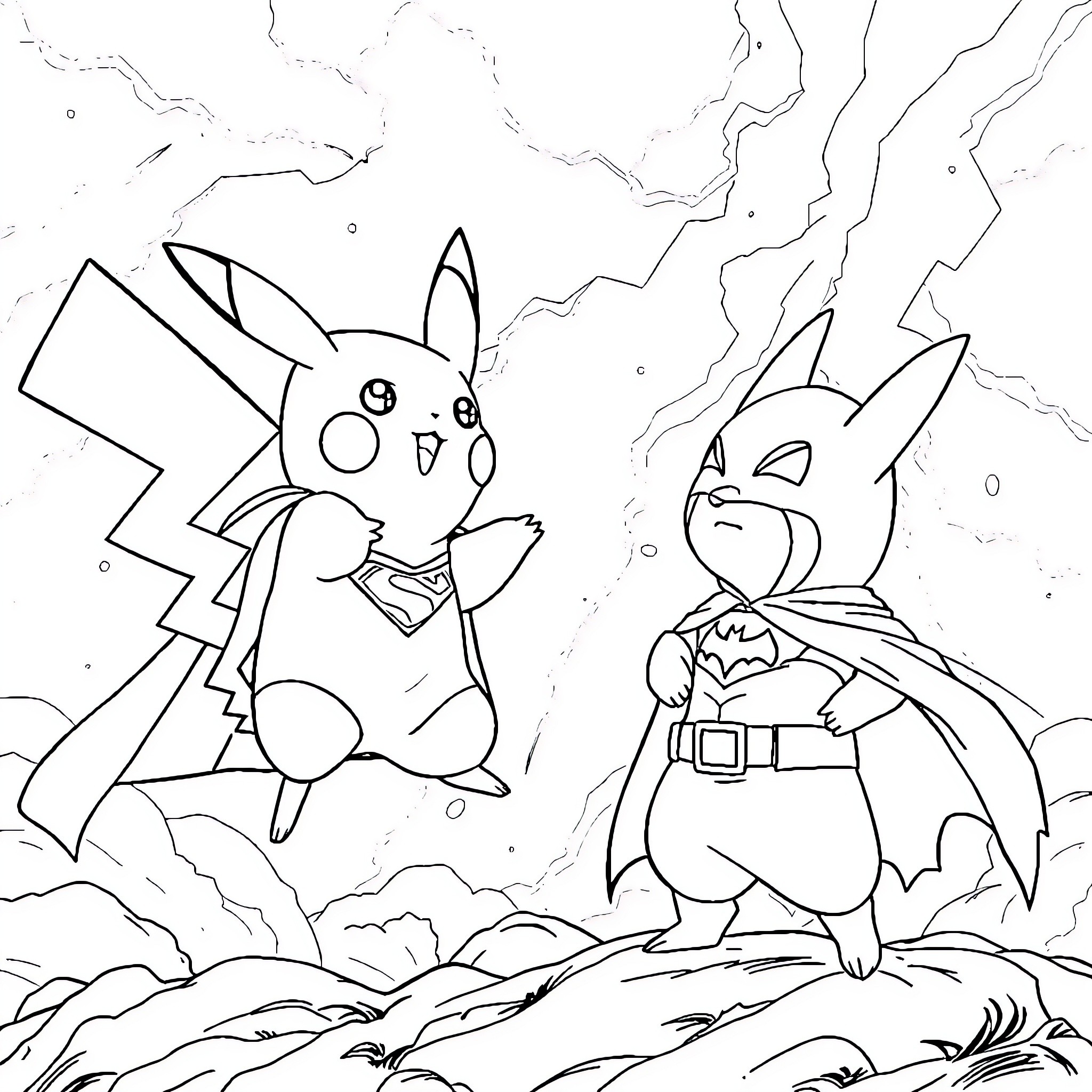 Pikachu and Batman Facing Off in Epic Showdown Coloring Page (free black-and-white line drawing printable PDF for all, from beginners to advanced learners, including children, teens, adults, and seniors)