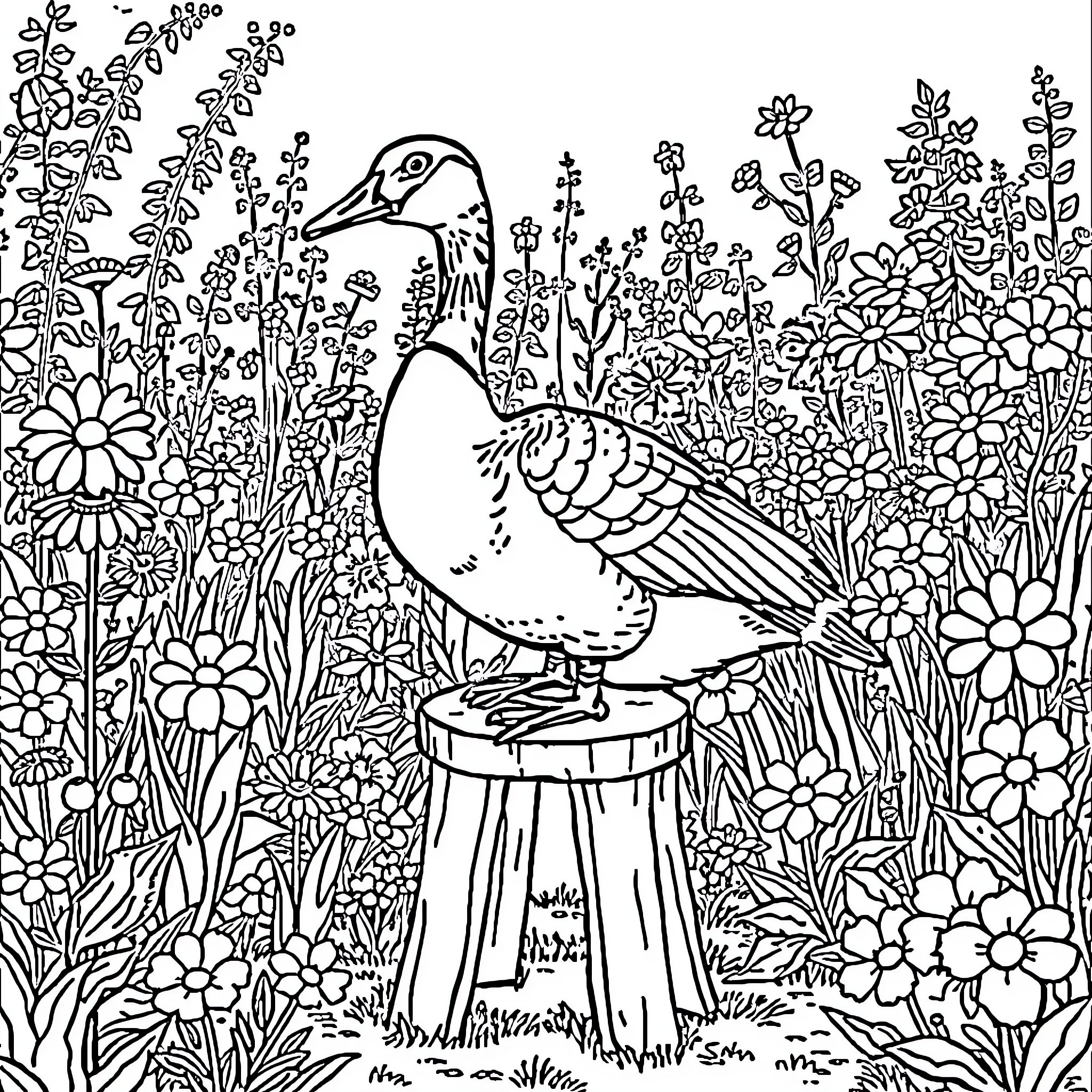 Goose in a Vibrant Floral Meadow Coloring Page (free black-and-white line drawing printable PDF for all, from beginners to advanced learners, including children, teens, adults, and seniors)