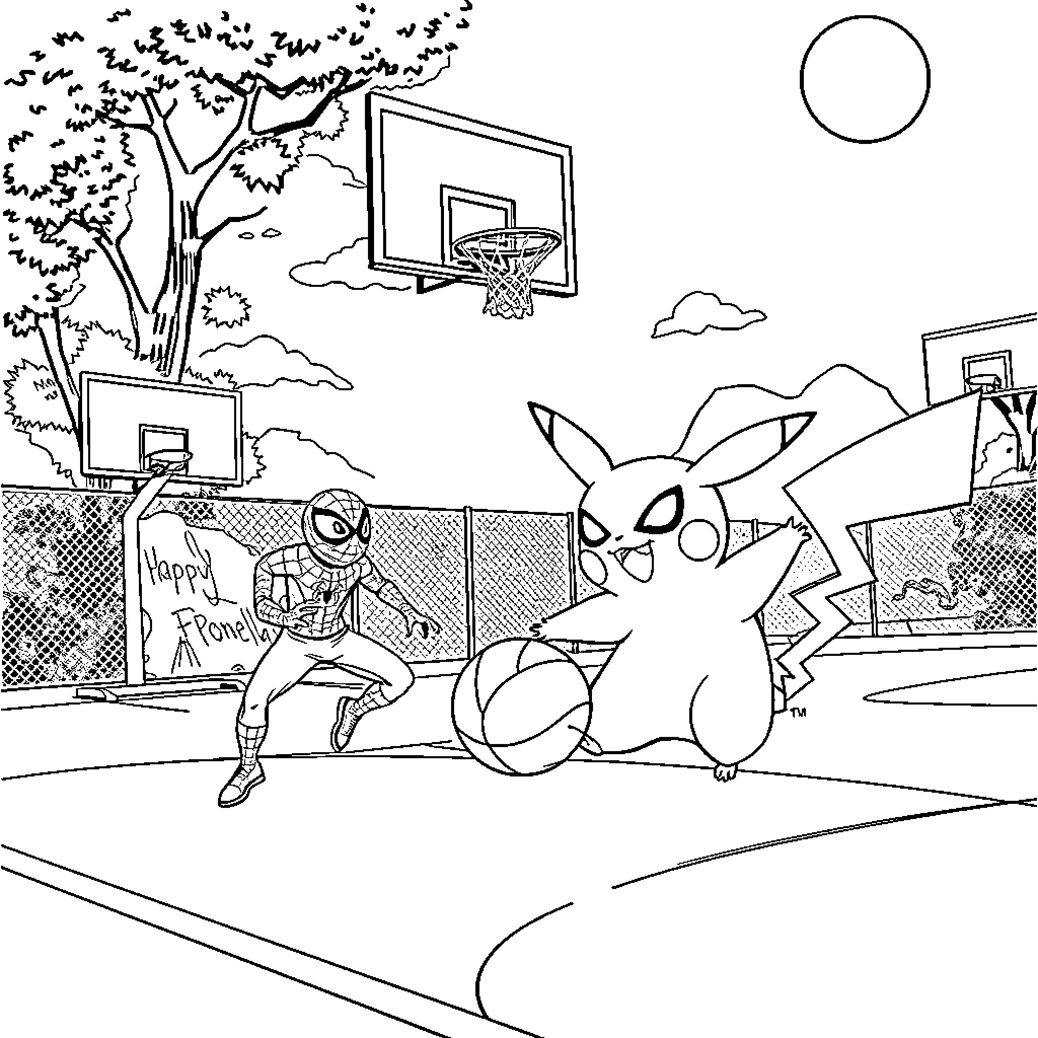 Pikachu playing basketball on outdoor court Coloring Page (free black-and-white line drawing printable PDF for all, from beginners to advanced learners, including children, teens, adults, and seniors)