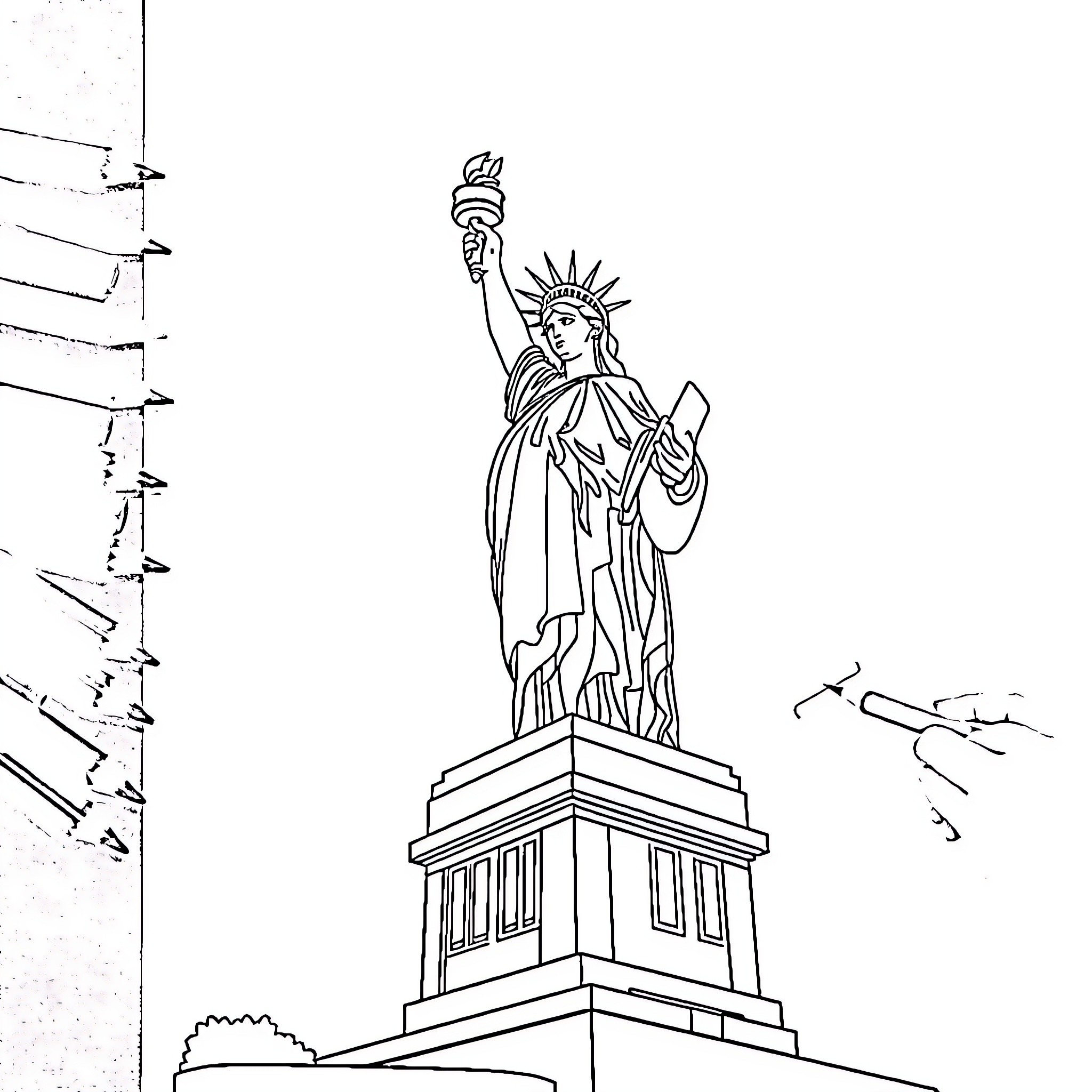Statue Of Liberty standing tall and proud Coloring Page (free black-and-white line drawing printable PDF for all, from beginners to advanced learners, including children, teens, adults, and seniors)