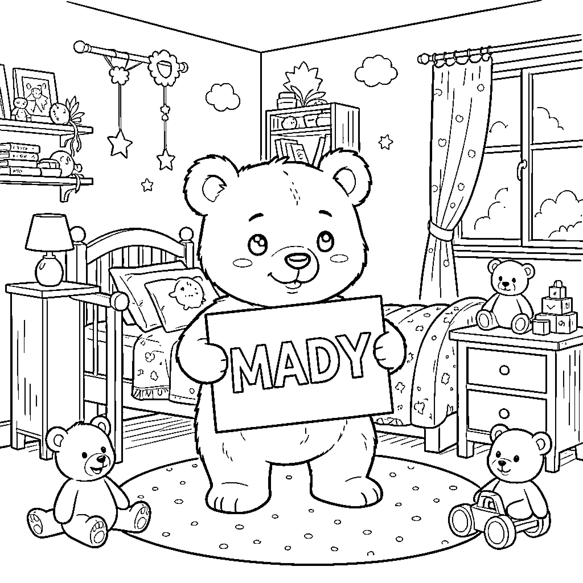Ourson holding a sign with a name in a bedroom Coloring Page (free black-and-white line drawing printable PDF for all, from beginners to advanced learners, including children, teens, adults, and seniors)