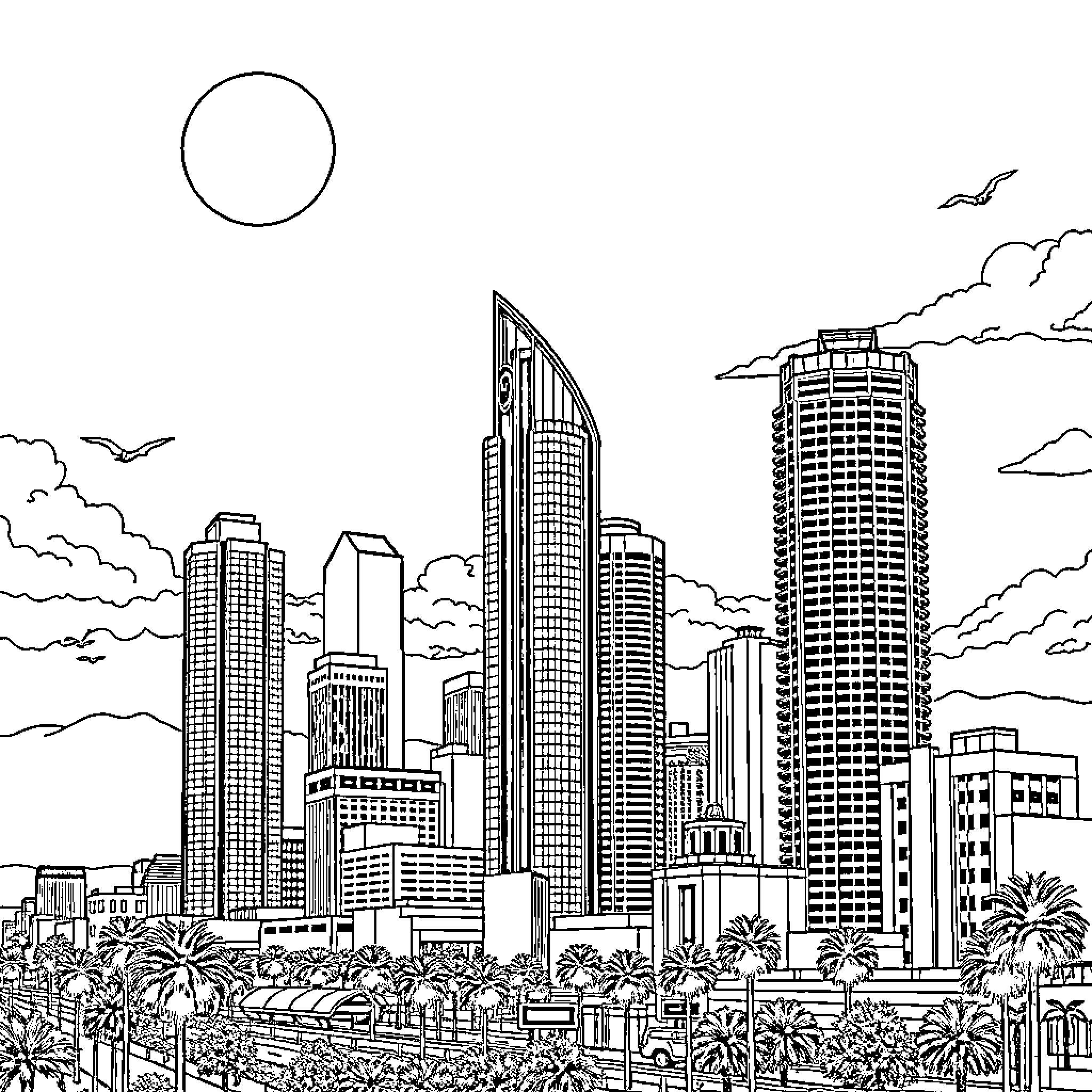 Los Ingalds: Bustling City Skyline with Skyscrapers Coloring Page (free black-and-white line drawing printable PDF for all, from beginners to advanced learners, including children, teens, adults, and seniors)