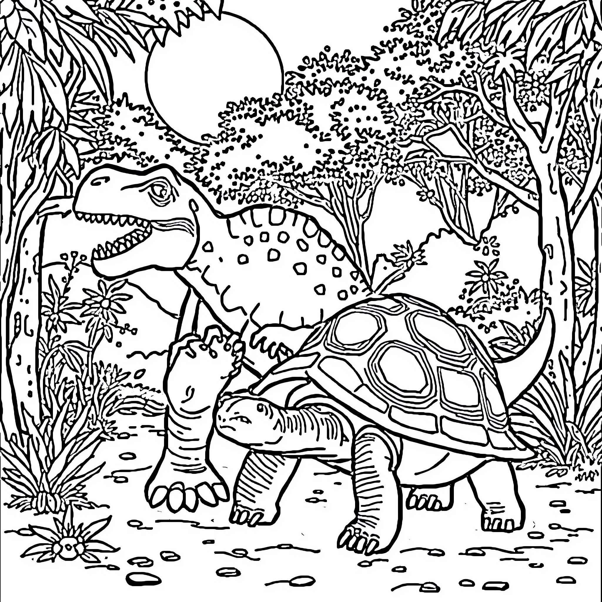 Dinosaur and Tortoise in Lush Forest Landscape Coloring Page (free black-and-white line drawing printable PDF for all, from beginners to advanced learners, including children, teens, adults, and seniors)