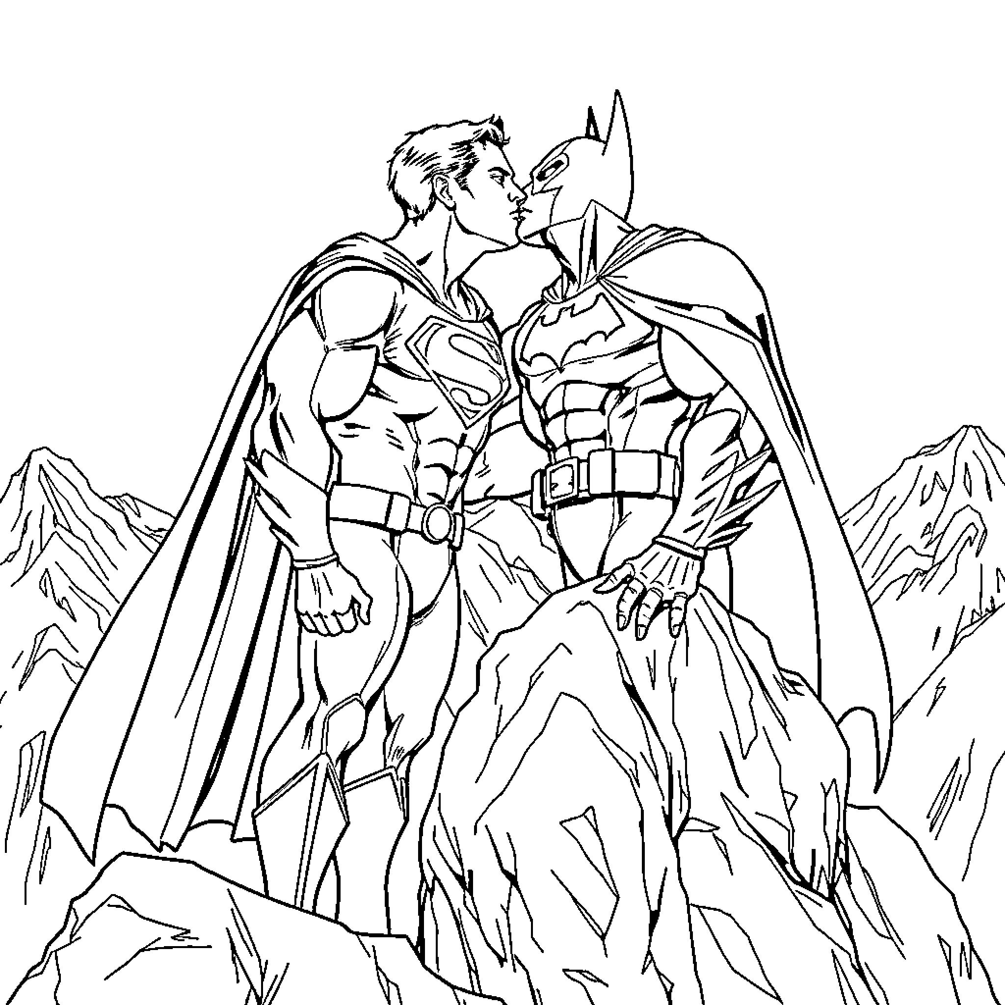 Superman and Batman facing off in a dramatic pose Coloring Page (free black-and-white line drawing printable PDF for all, from beginners to advanced learners, including children, teens, adults, and seniors)