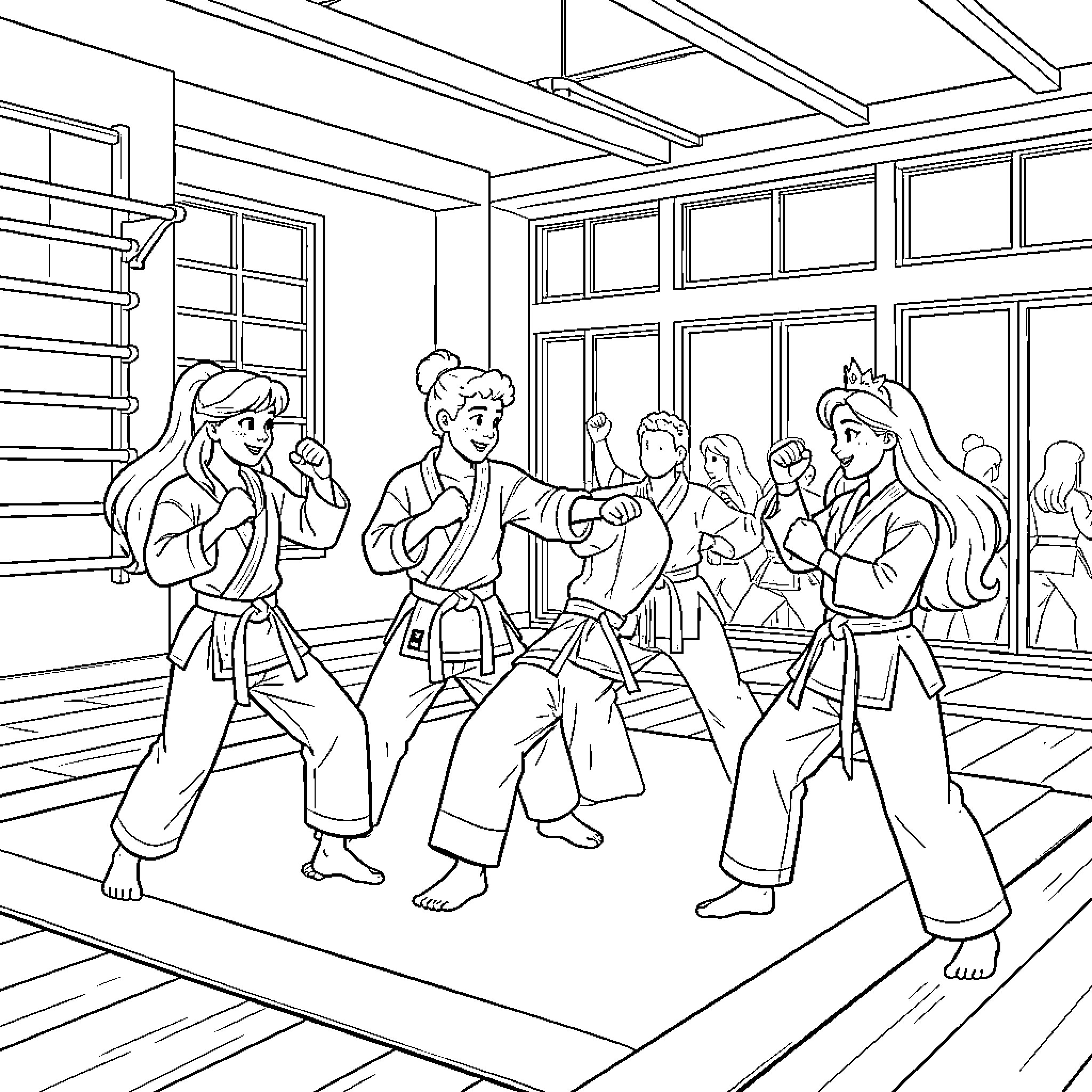 Disney Princess characters practicing martial arts in a dojo Coloring Page (free black-and-white line drawing printable PDF for all, from beginners to advanced learners, including children, teens, adults, and seniors)