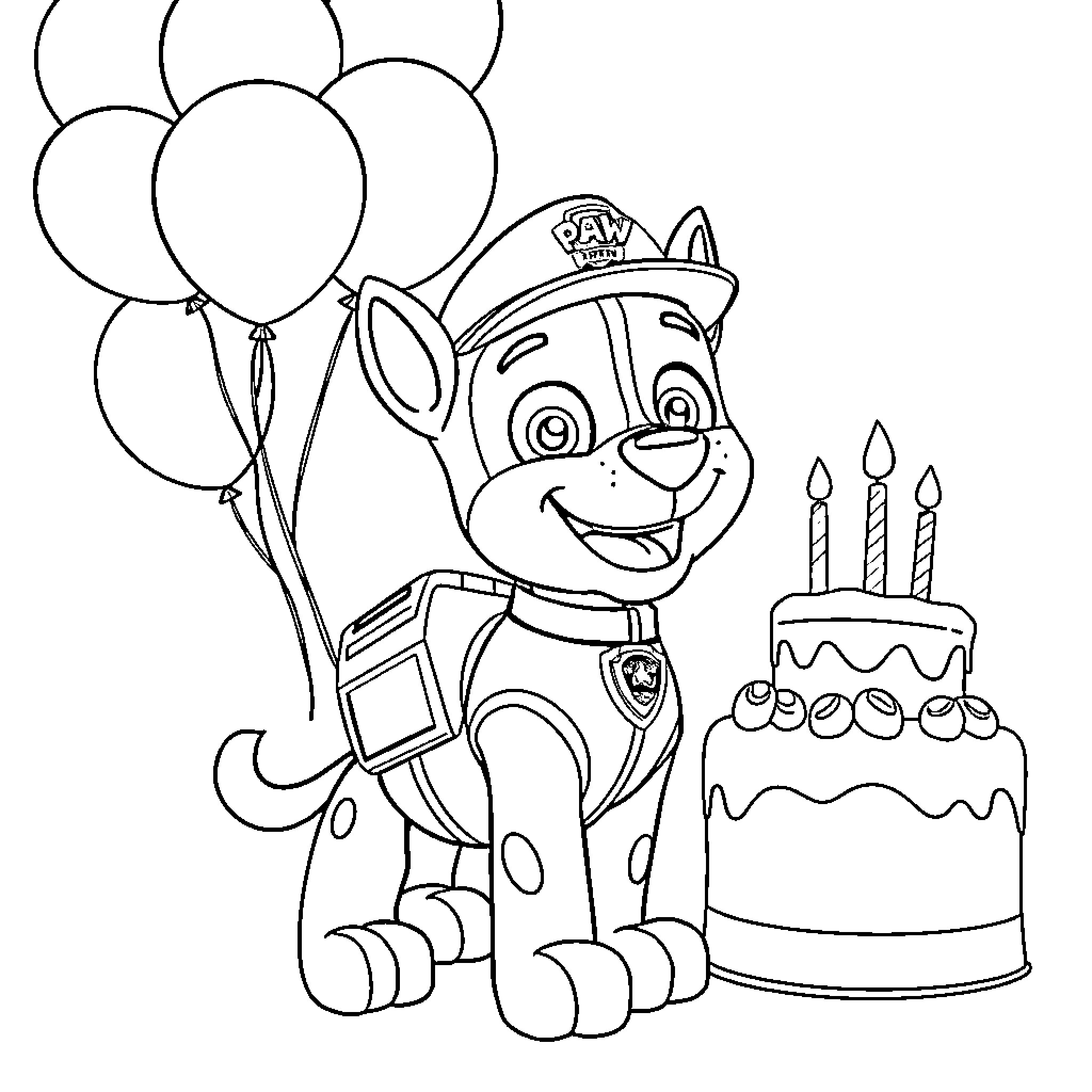 Rocky Puppy Celebrates Birthday with Balloons and Cake Coloring Page (free black-and-white line drawing printable PDF for all, from beginners to advanced learners, including children, teens, adults, and seniors)