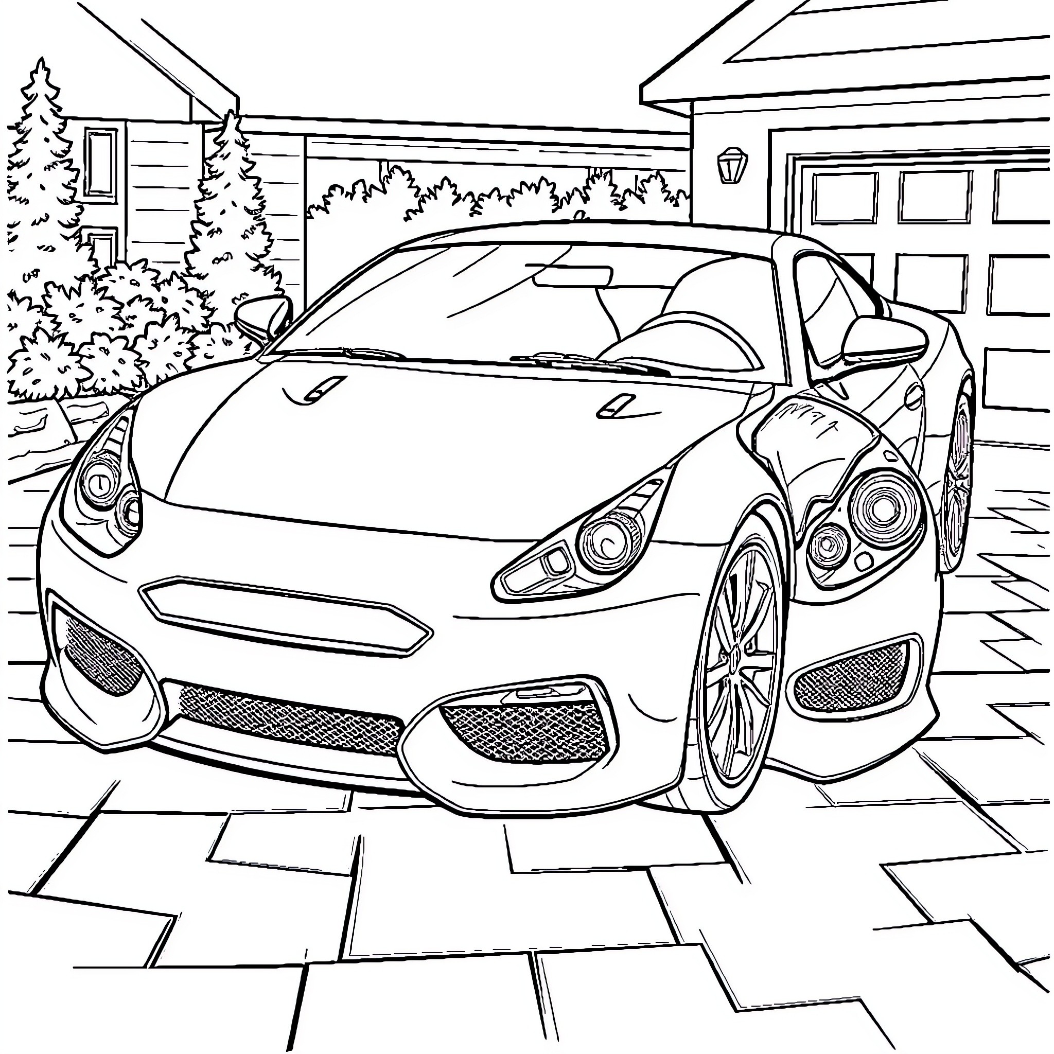 Car parked in front of a house Coloring Page (free black-and-white line drawing printable PDF for all, from beginners to advanced learners, including children, teens, adults, and seniors)