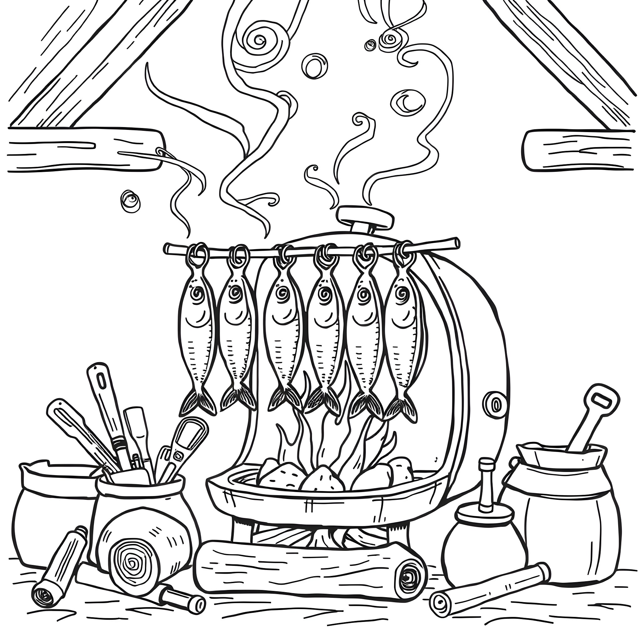 Fish cooking with kitchen utensils on the stove Coloring Page (free black-and-white line drawing printable PDF for all, from beginners to advanced learners, including children, teens, adults, and seniors)