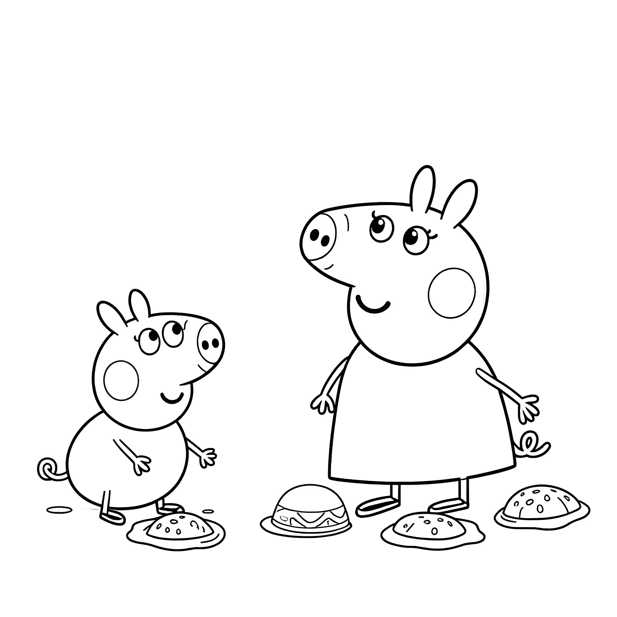 Peppa Pig and her friend enjoying snacks Coloring Page (free black-and-white line drawing printable PDF for all, from beginners to advanced learners, including children, teens, adults, and seniors)