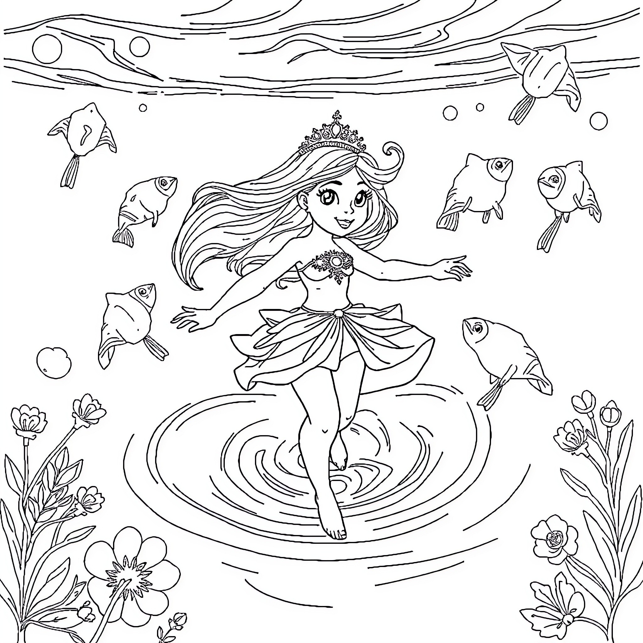 Princess Dancing Gracefully Amid Aquatic Wonders Coloring Page (free black-and-white line drawing printable PDF for all, from beginners to advanced learners, including children, teens, adults, and seniors)