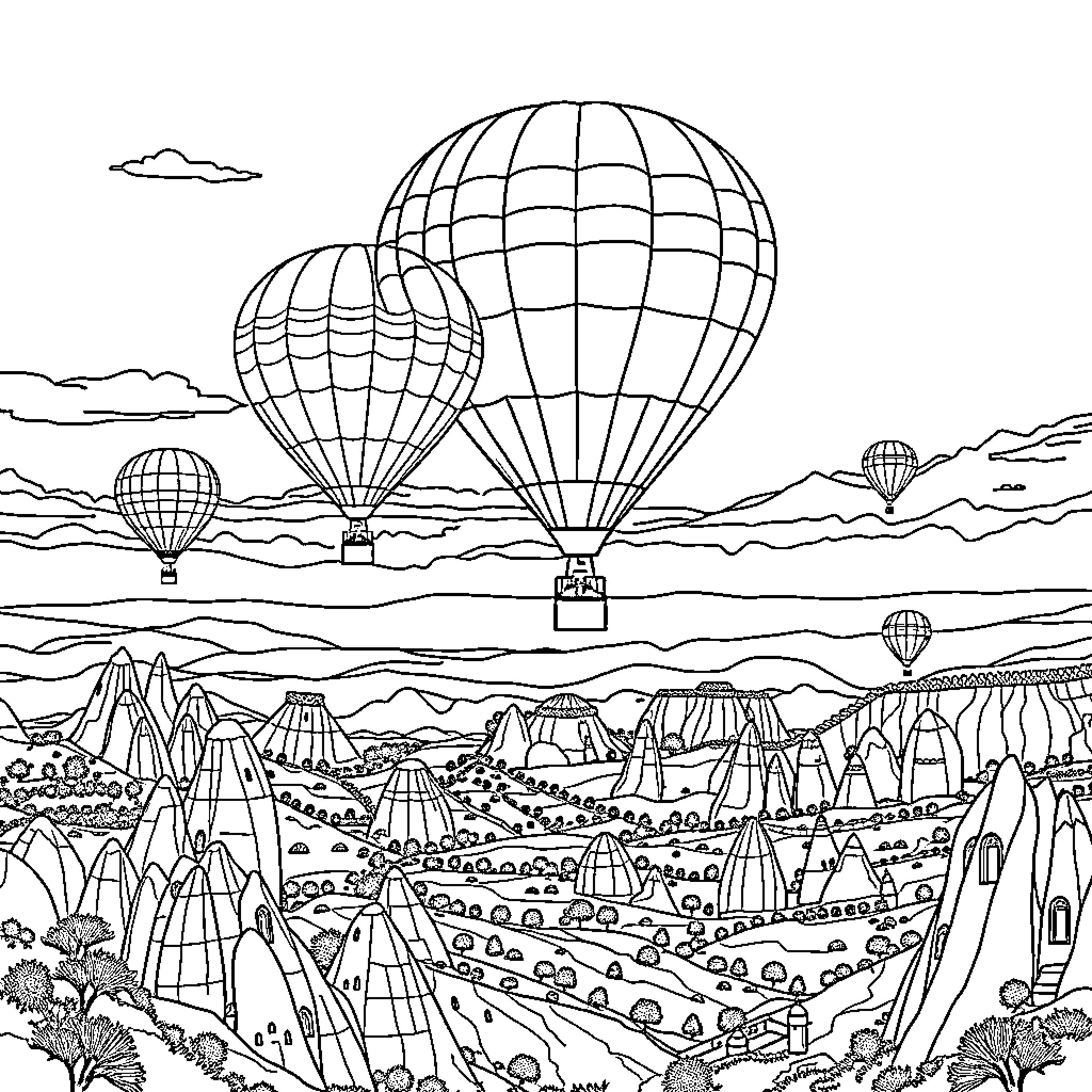 Balloon Ride over Scenic Landscape Coloring Page (free black-and-white line drawing printable PDF for all, from beginners to advanced learners, including children, teens, adults, and seniors)