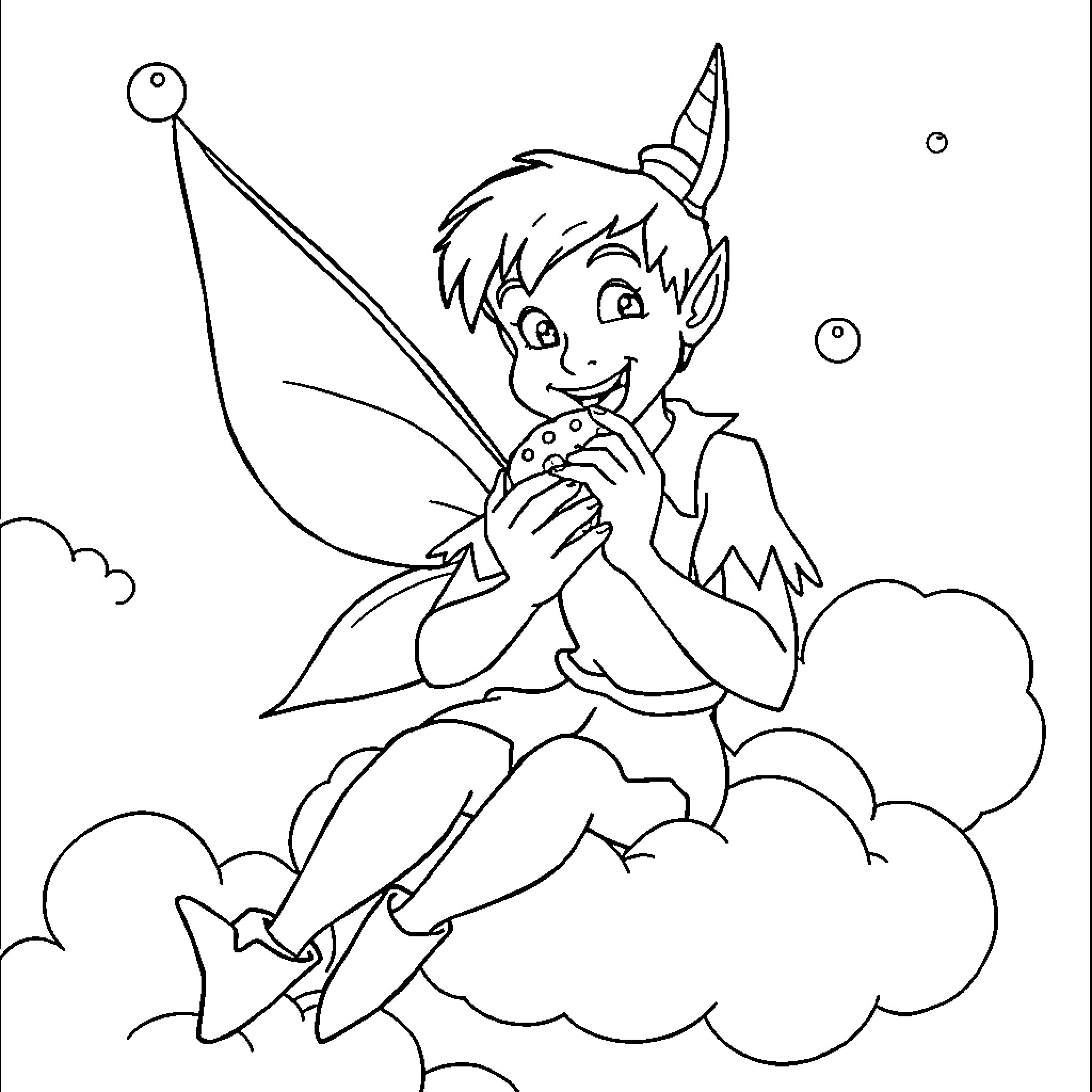 Peter Pan playing joyfully among the clouds Coloring Page (free black-and-white line drawing printable PDF for all, from beginners to advanced learners, including children, teens, adults, and seniors)