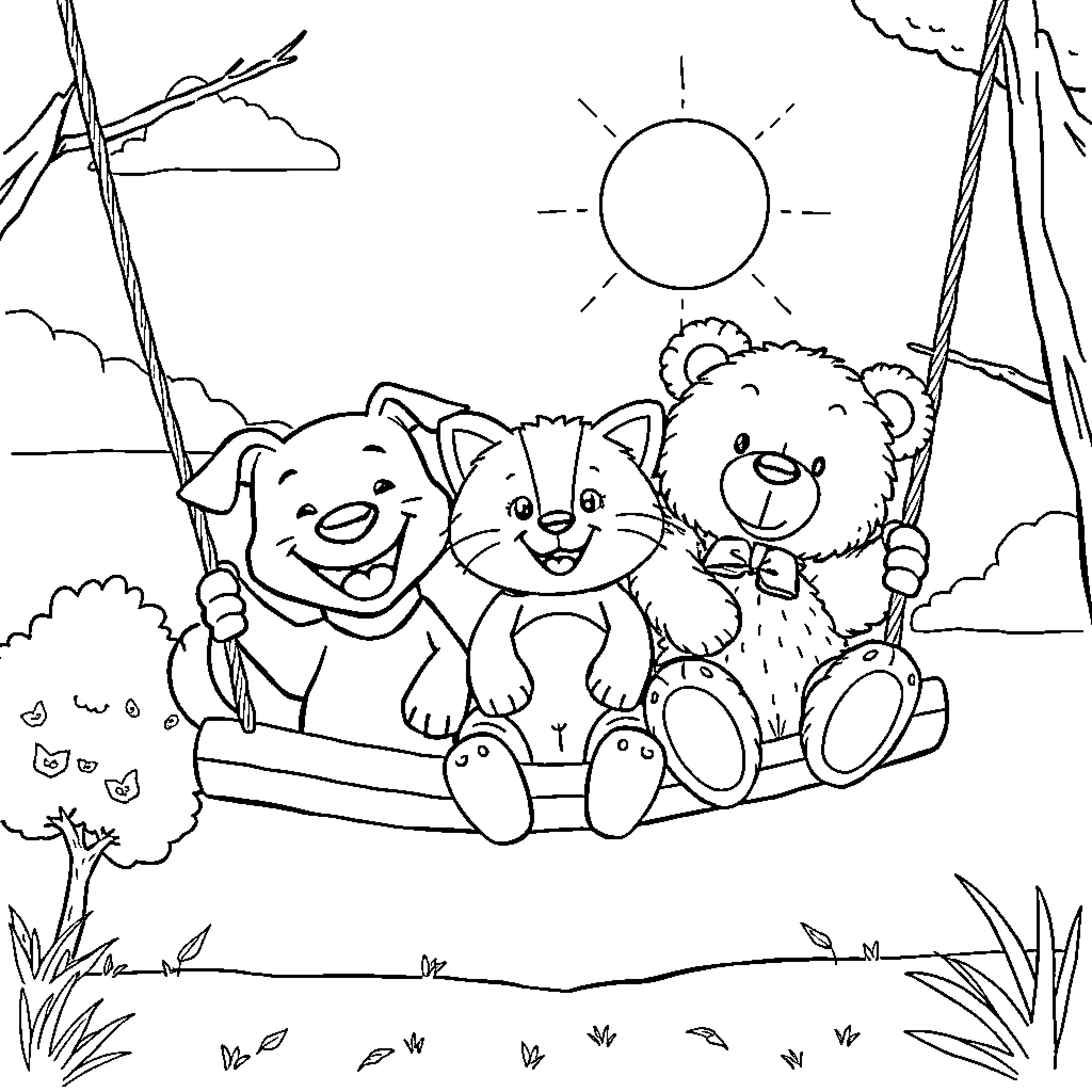 Dog, cat, and bear playing on a swing in nature Coloring Page (free black-and-white line drawing printable PDF for all, from beginners to advanced learners, including children, teens, adults, and seniors)