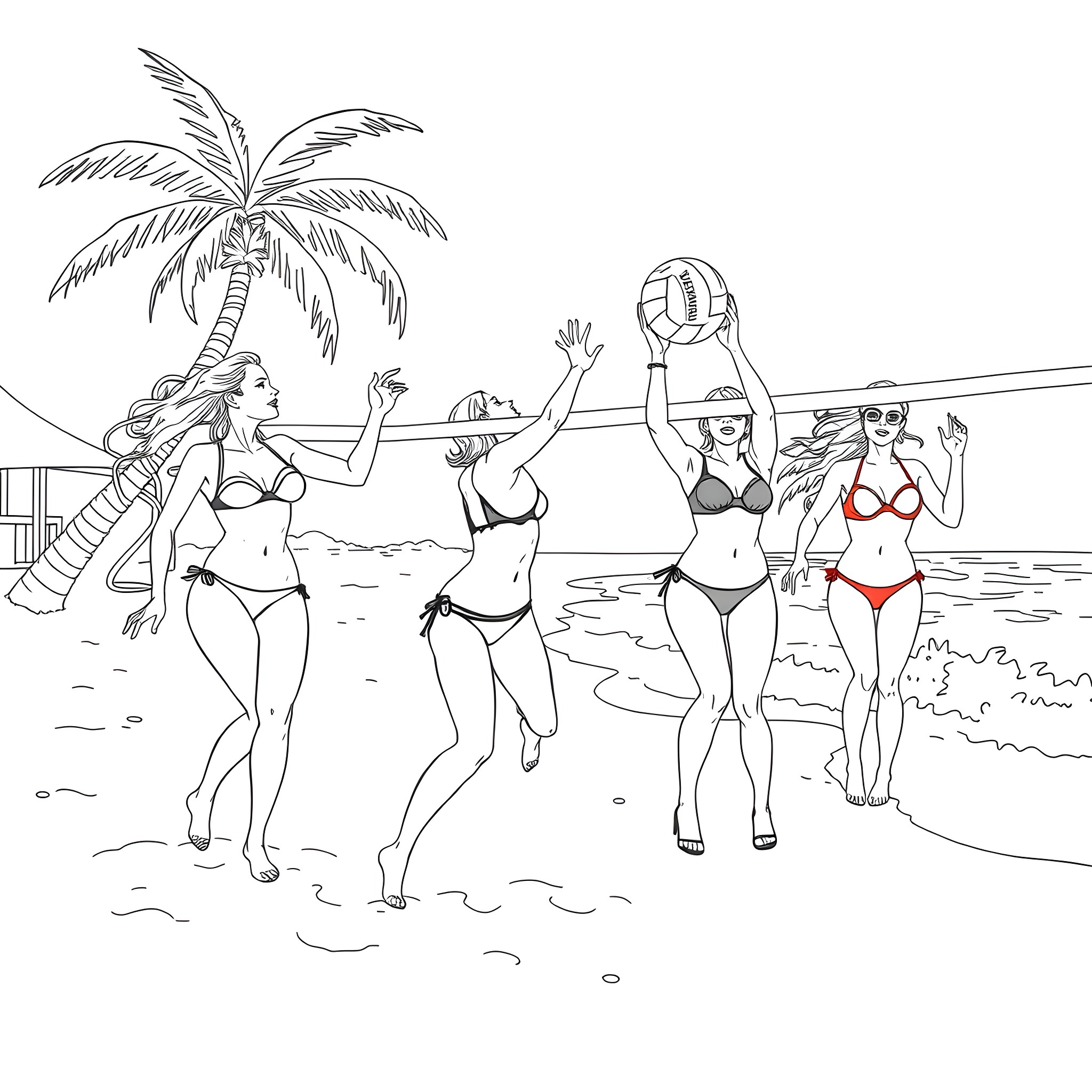 Bikini Models Enjoying Beach Fun Coloring Page (free black-and-white line drawing printable PDF for all, from beginners to advanced learners, including children, teens, adults, and seniors)