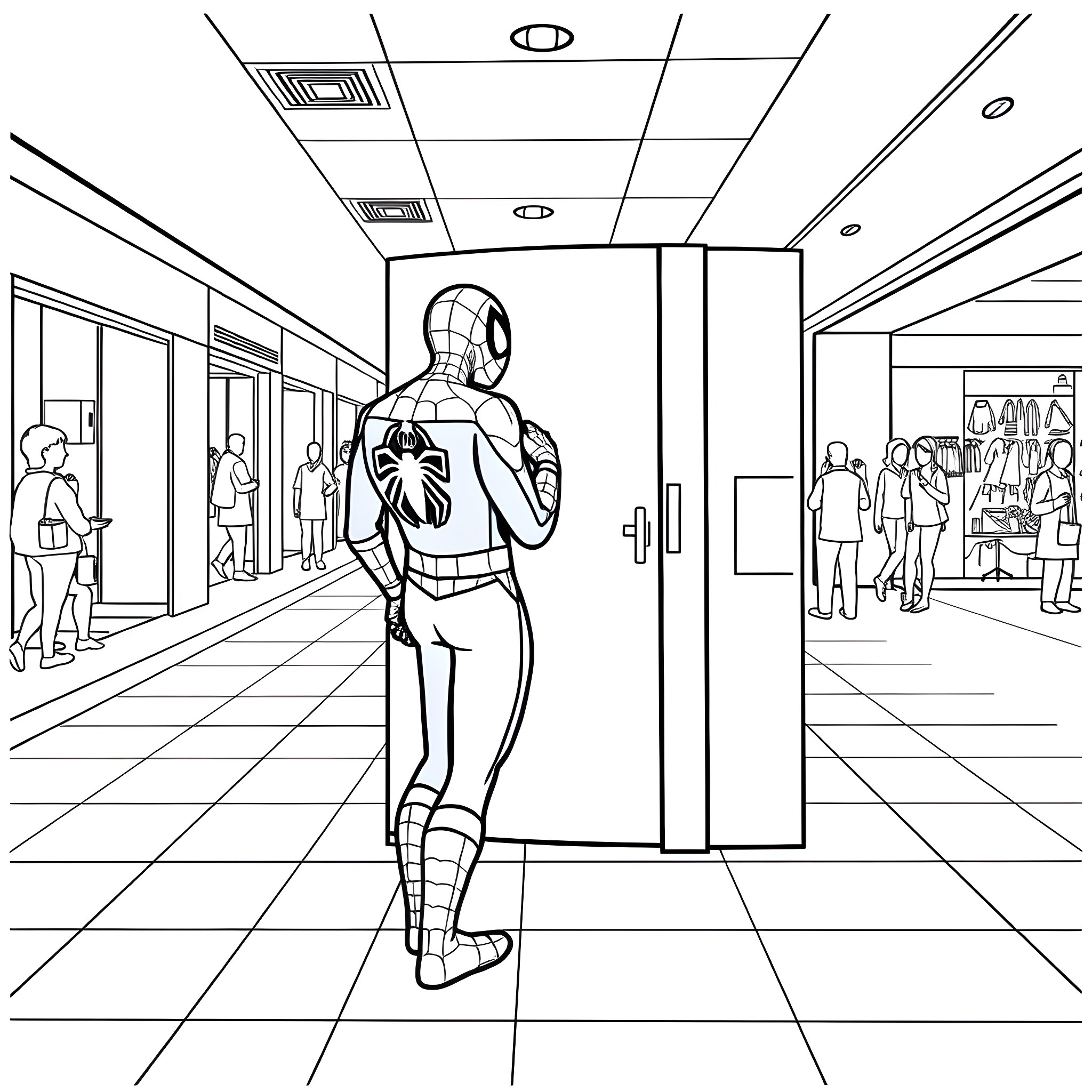 Spider-Man saving the day in an office hallway Coloring Page (free black-and-white line drawing printable PDF for all, from beginners to advanced learners, including children, teens, adults, and seniors)