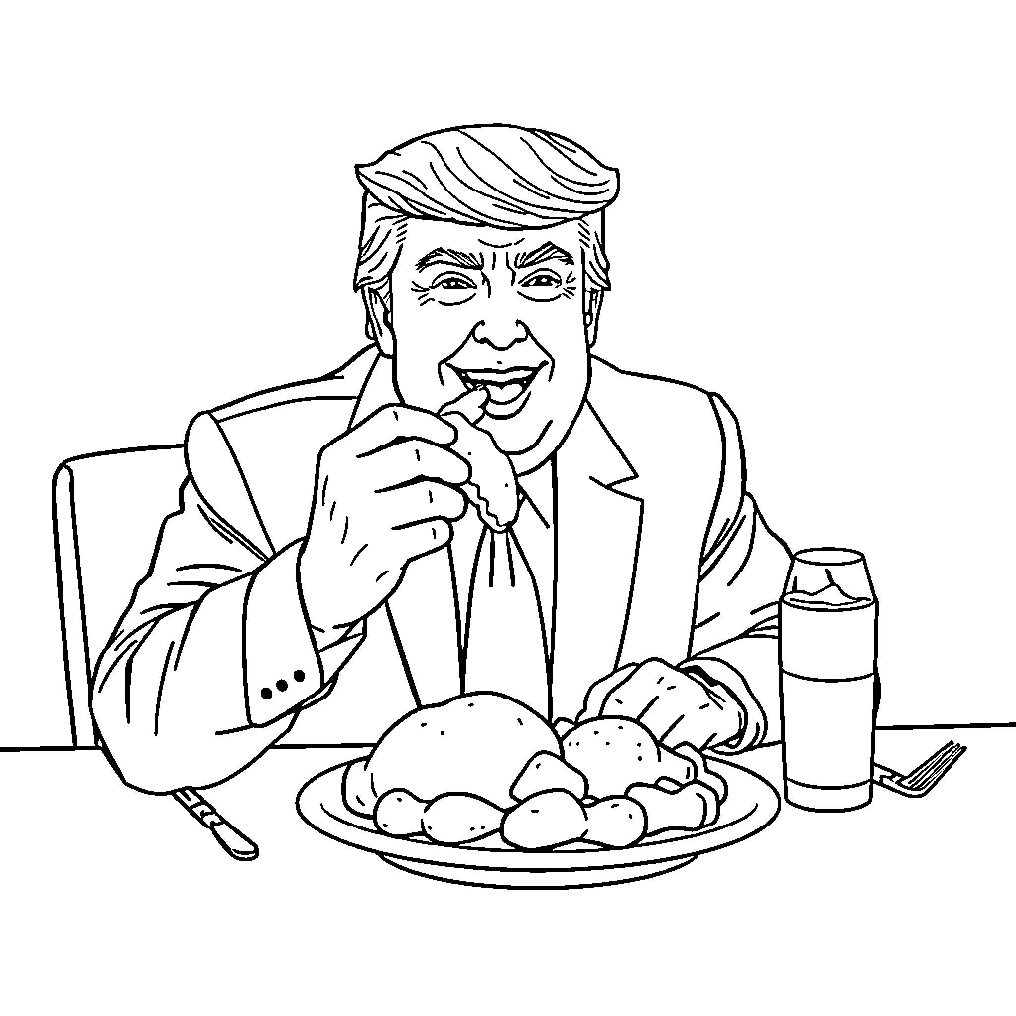 Donald Trump enjoying a hearty meal Coloring Page (free black-and-white line drawing printable PDF for all, from beginners to advanced learners, including children, teens, adults, and seniors)