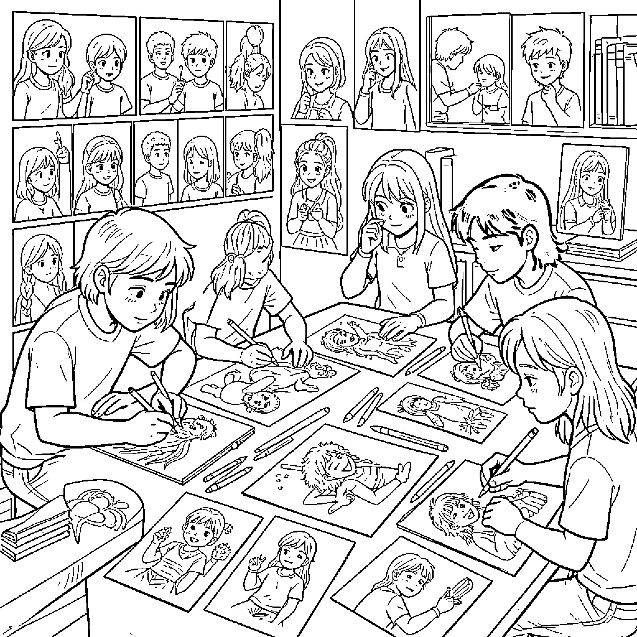 Youth Skills being developed through creative drawing activities Coloring Page (free black-and-white line drawing printable PDF for all, from beginners to advanced learners, including children, teens, adults, and seniors)