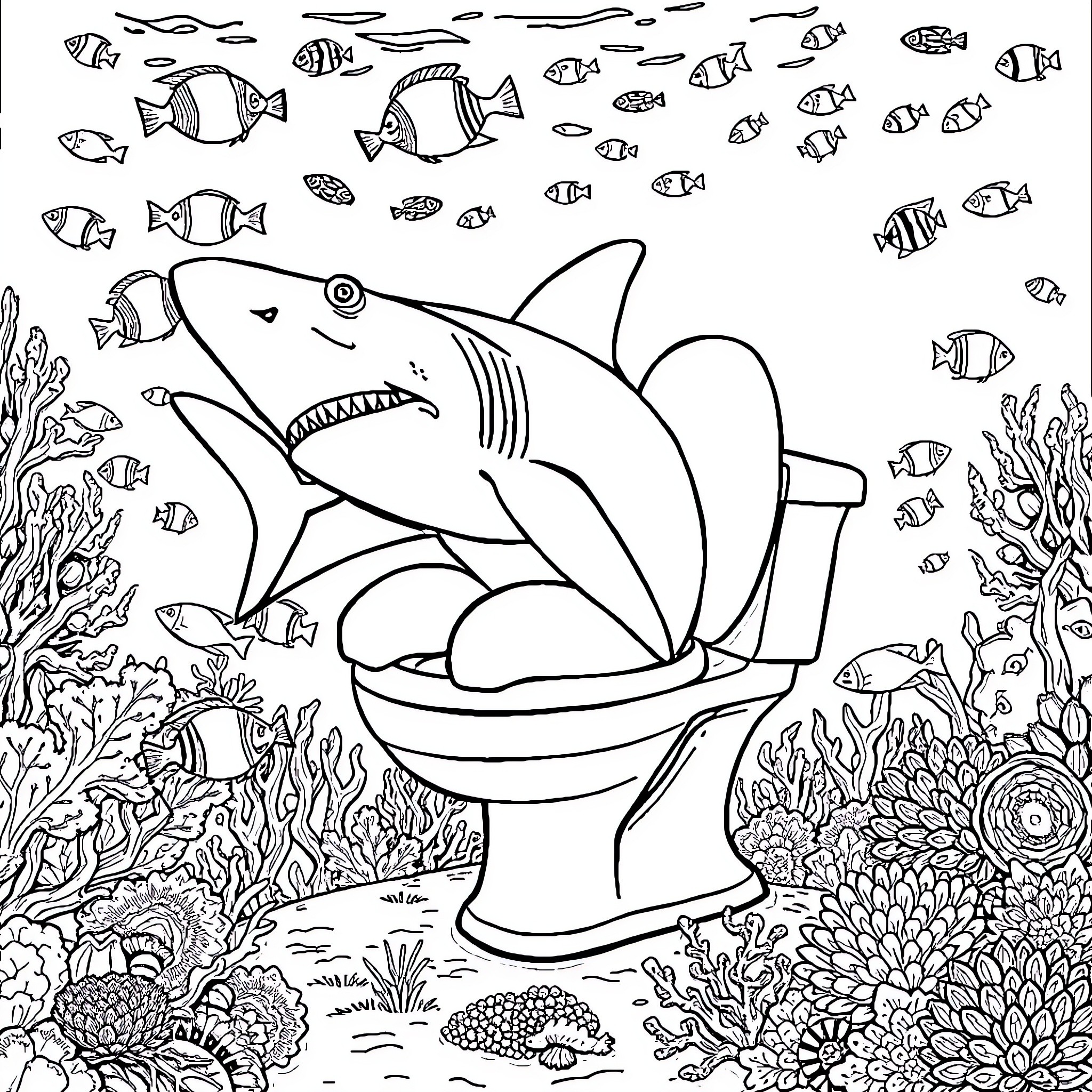 Shark swimming in an underwater toilet scene Coloring Page (free black-and-white line drawing printable PDF for all, from beginners to advanced learners, including children, teens, adults, and seniors)