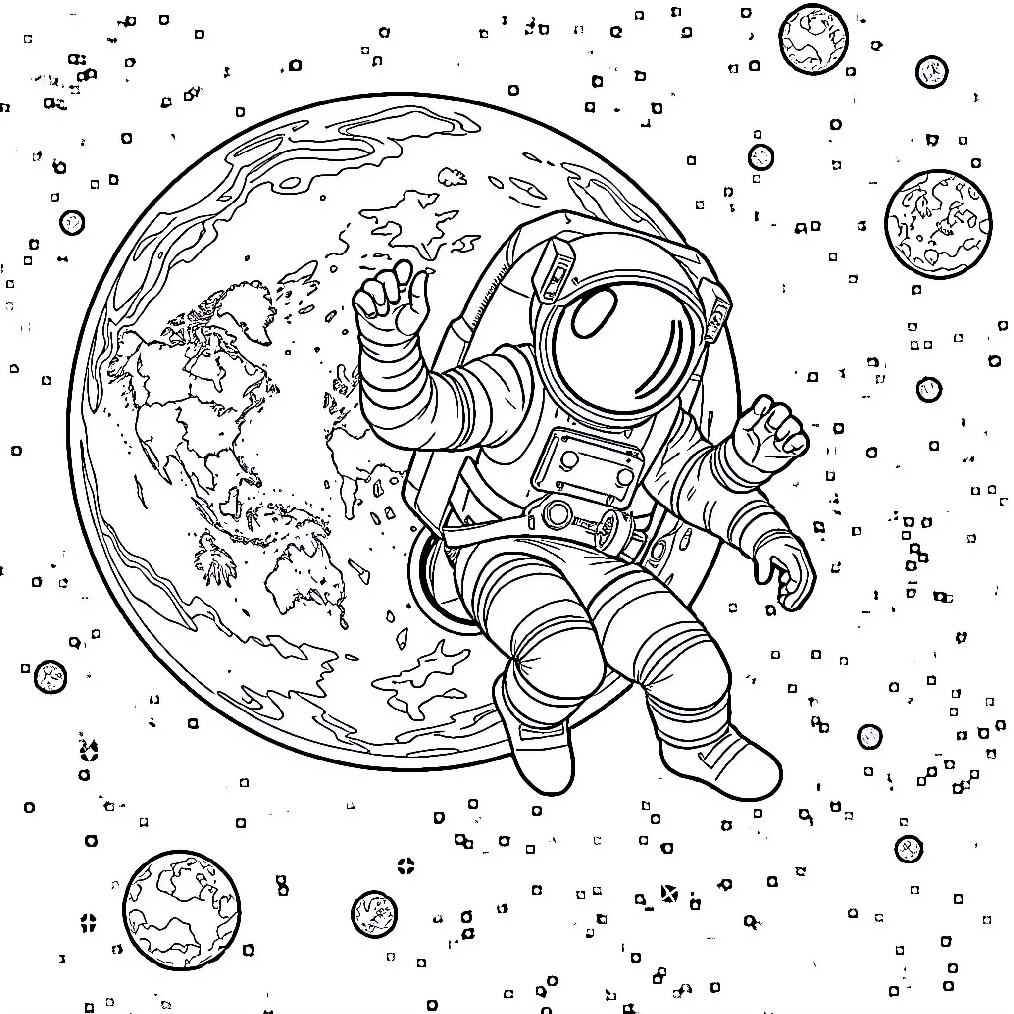 Astronaut floating in the vast expanse of space Coloring Page (free black-and-white line drawing printable PDF for all, from beginners to advanced learners, including children, teens, adults, and seniors)