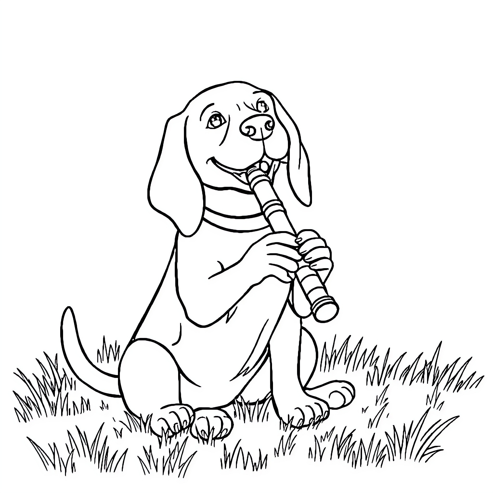 Beagle playing with a stick in the grass Coloring Page (free black-and-white line drawing printable PDF for all, from beginners to advanced learners, including children, teens, adults, and seniors)