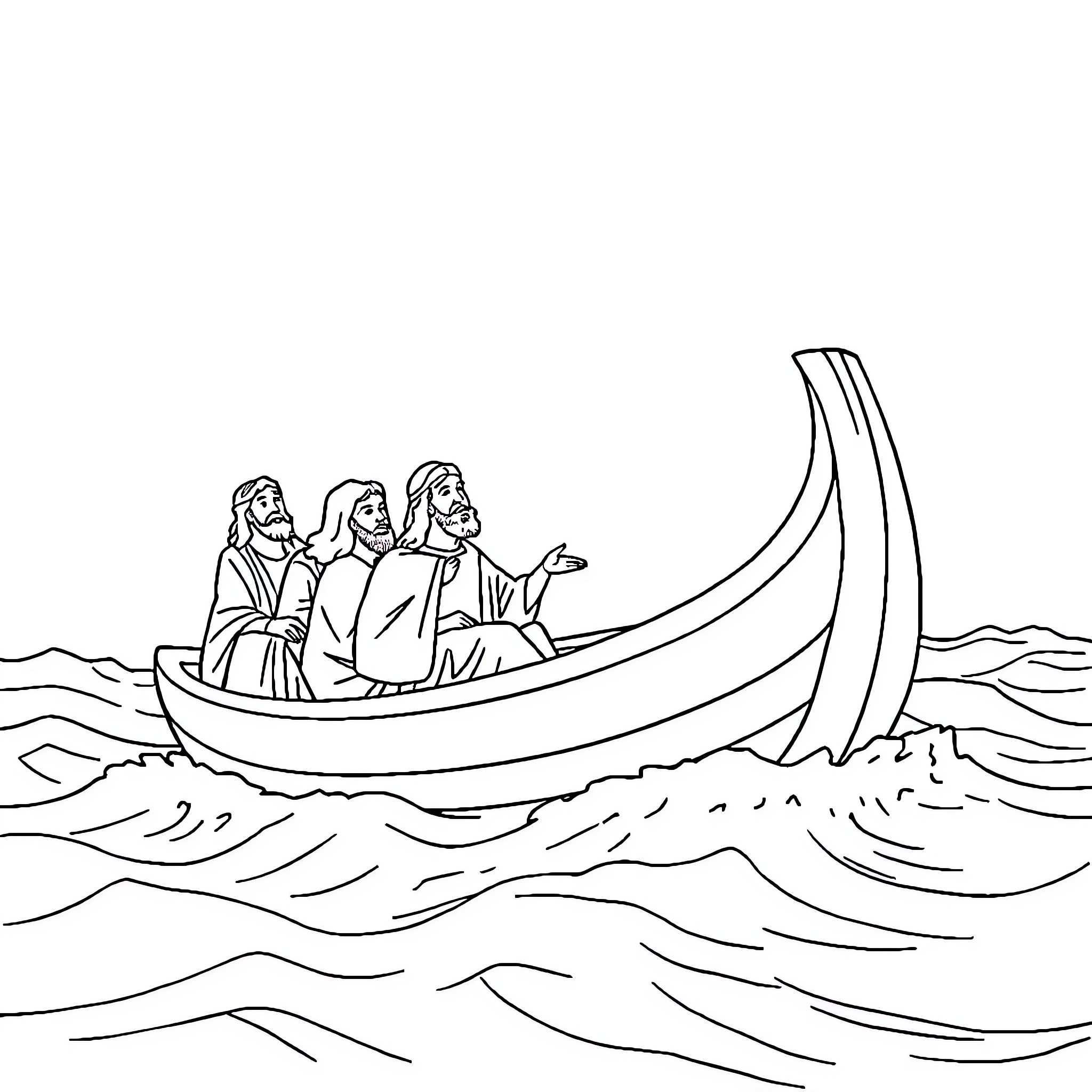 Disciple Disciples Aboard Vessel Traversing Turbulent Waters Coloring Page (free black-and-white line drawing printable PDF for all, from beginners to advanced learners, including children, teens, adults, and seniors)