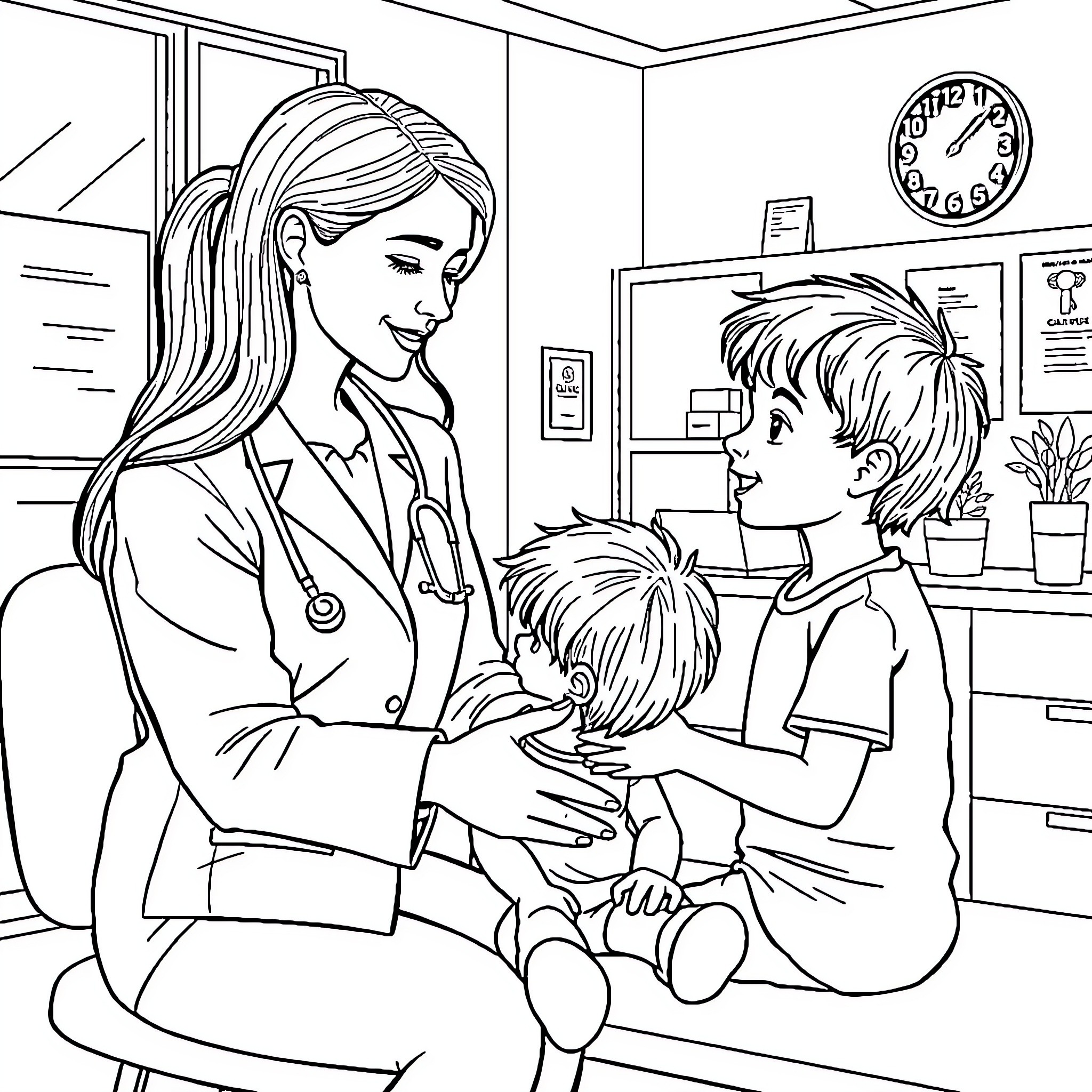 Doctor comforting patients in medical office Coloring Page (free black-and-white line drawing printable PDF for all, from beginners to advanced learners, including children, teens, adults, and seniors)