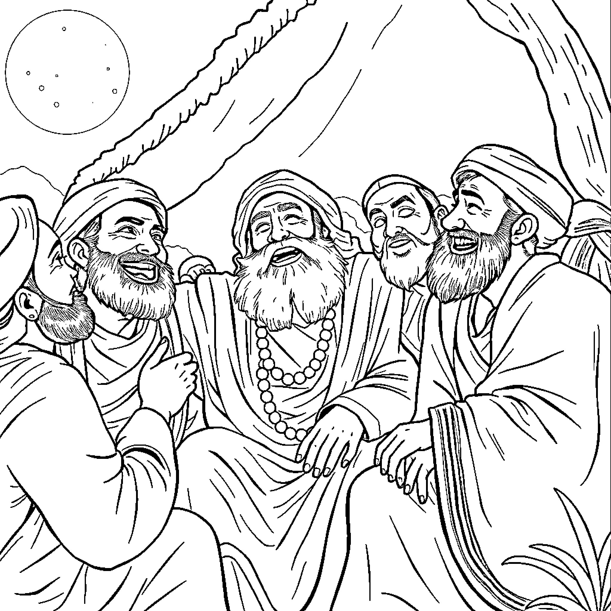Rumi and his companions in contemplative discussion Coloring Page (free black-and-white line drawing printable PDF for all, from beginners to advanced learners, including children, teens, adults, and seniors)