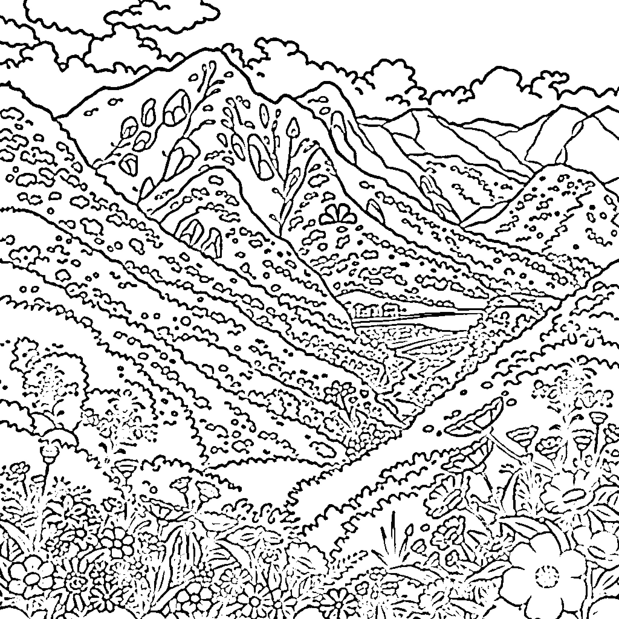 Bob Ross painting an idyllic mountain landscape Coloring Page (free black-and-white line drawing printable PDF for all, from beginners to advanced learners, including children, teens, adults, and seniors)