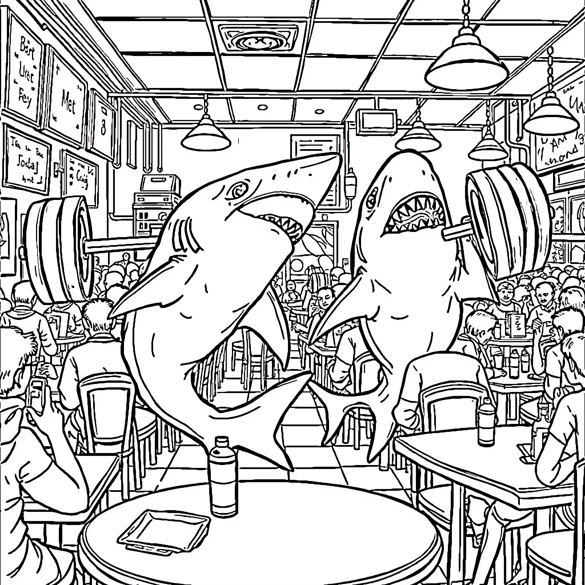 Sharks dining in a busy cafe Coloring Page (free black-and-white line drawing printable PDF for all, from beginners to advanced learners, including children, teens, adults, and seniors)