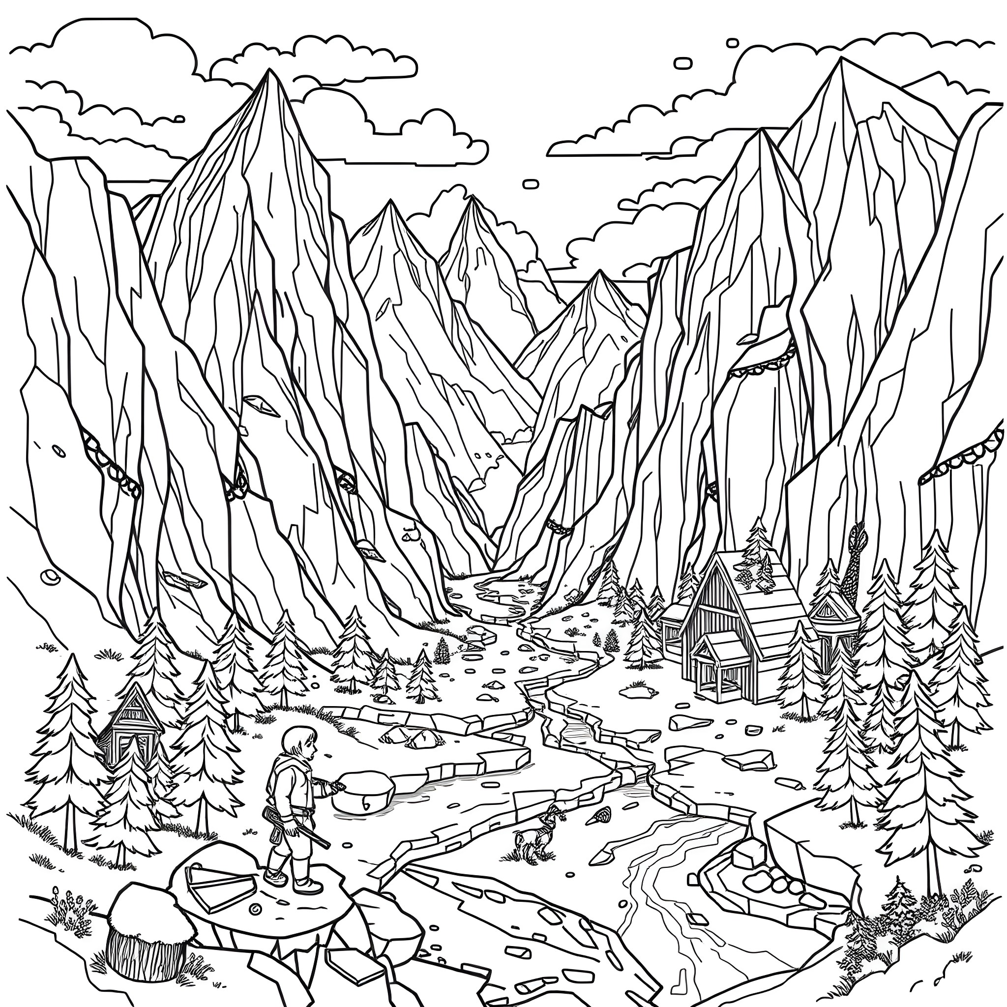 Minecraft adventurer exploring a rugged mountain landscape Coloring Page (free black-and-white line drawing printable PDF for all, from beginners to advanced learners, including children, teens, adults, and seniors)