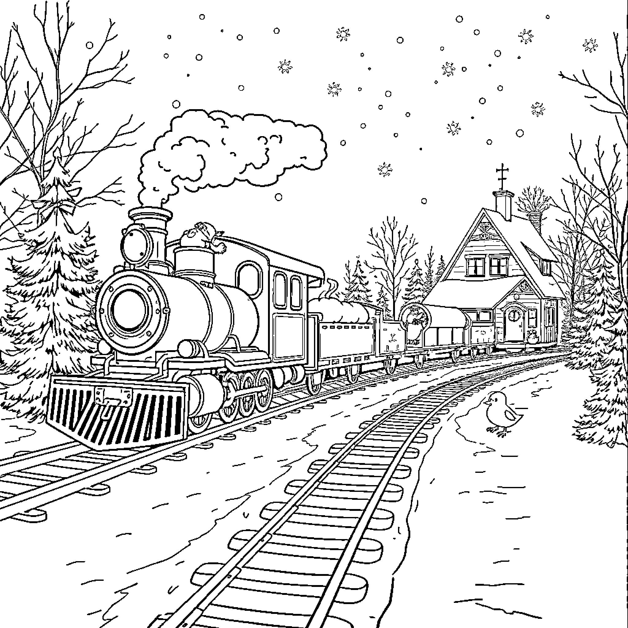 Train running through snowy winter landscape Coloring Page (free black-and-white line drawing printable PDF for all, from beginners to advanced learners, including children, teens, adults, and seniors)