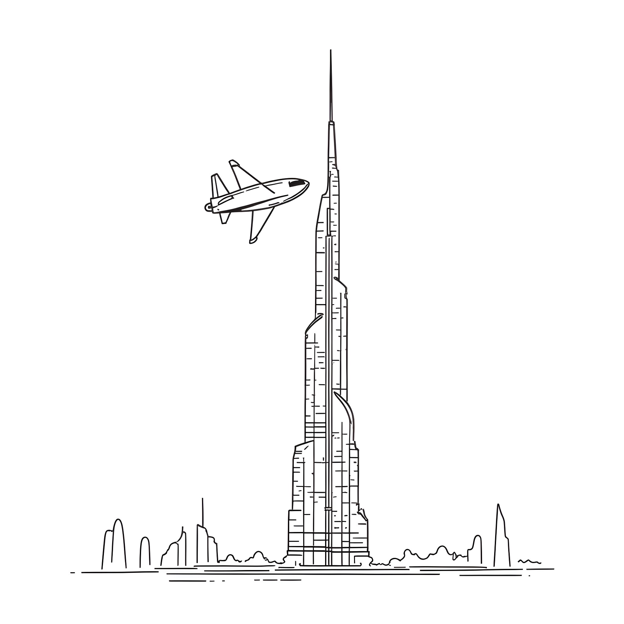 Flying Car Soaring Over Futuristic Skyscraper Coloring Page (free black-and-white line drawing printable PDF for all, from beginners to advanced learners, including children, teens, adults, and seniors)