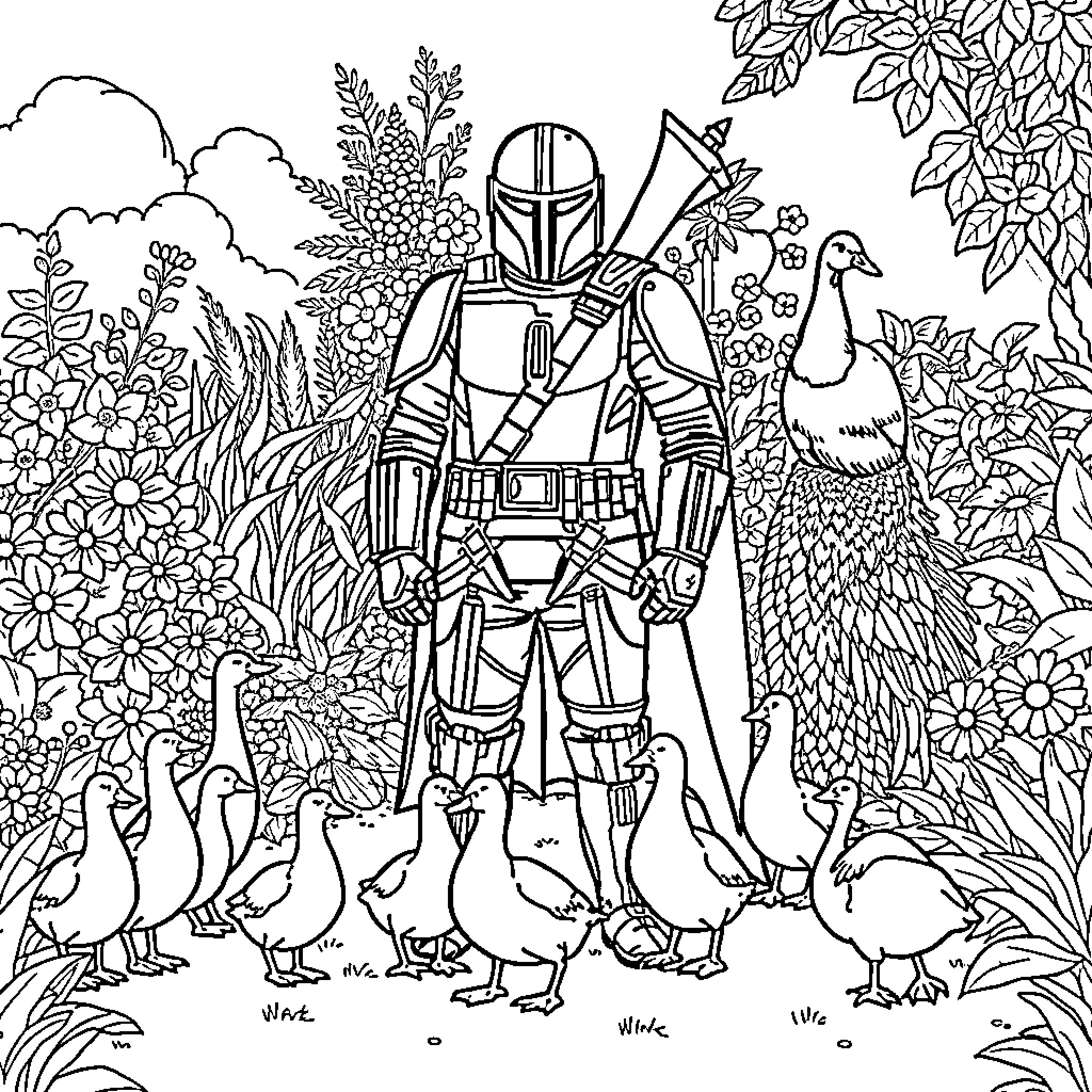 Mandalorian surrounded by wildlife in a lush, natural setting Coloring Page (free black-and-white line drawing printable PDF for all, from beginners to advanced learners, including children, teens, adults, and seniors)