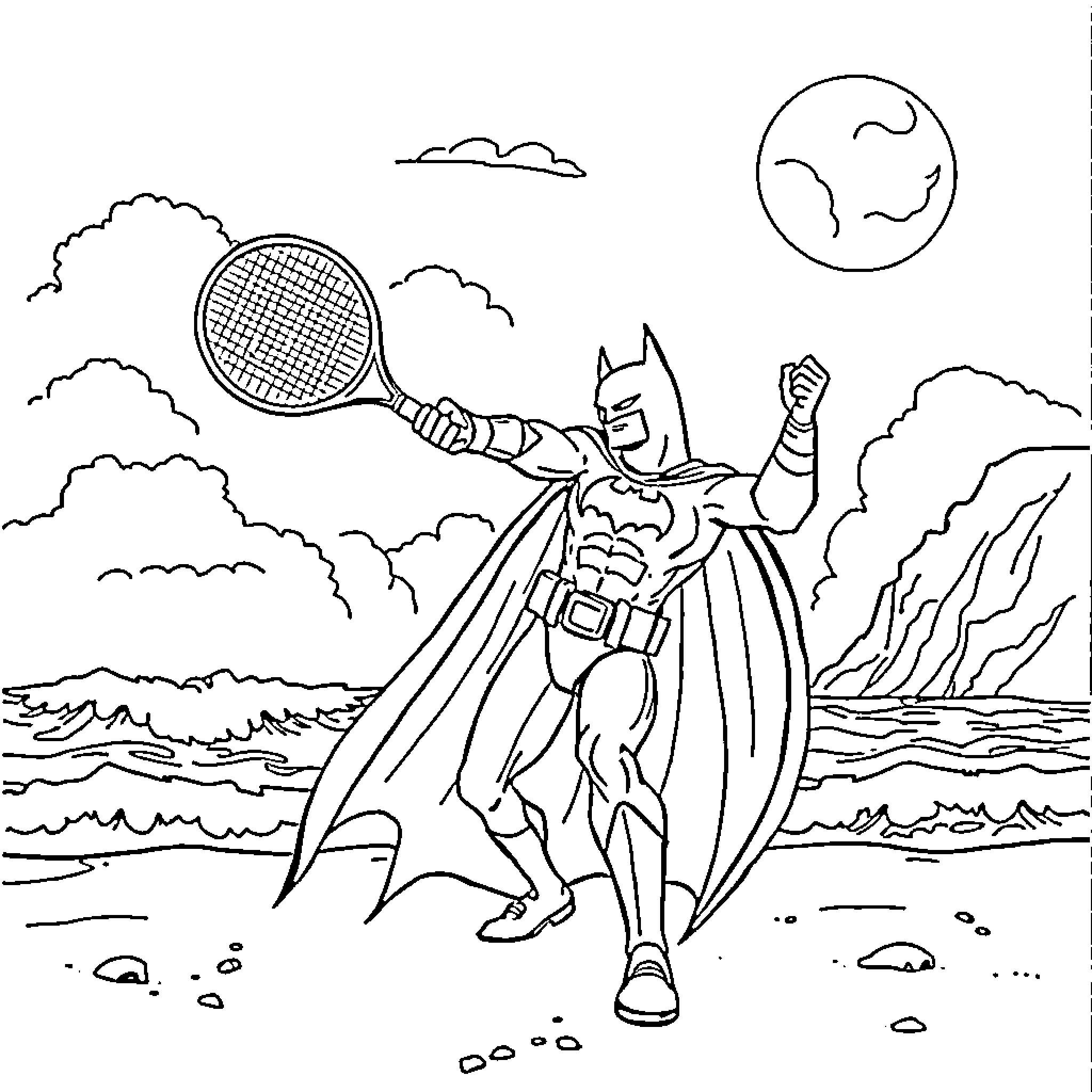Batman on a Cosmic Tennis Adventure Coloring Page (free black-and-white line drawing printable PDF for all, from beginners to advanced learners, including children, teens, adults, and seniors)