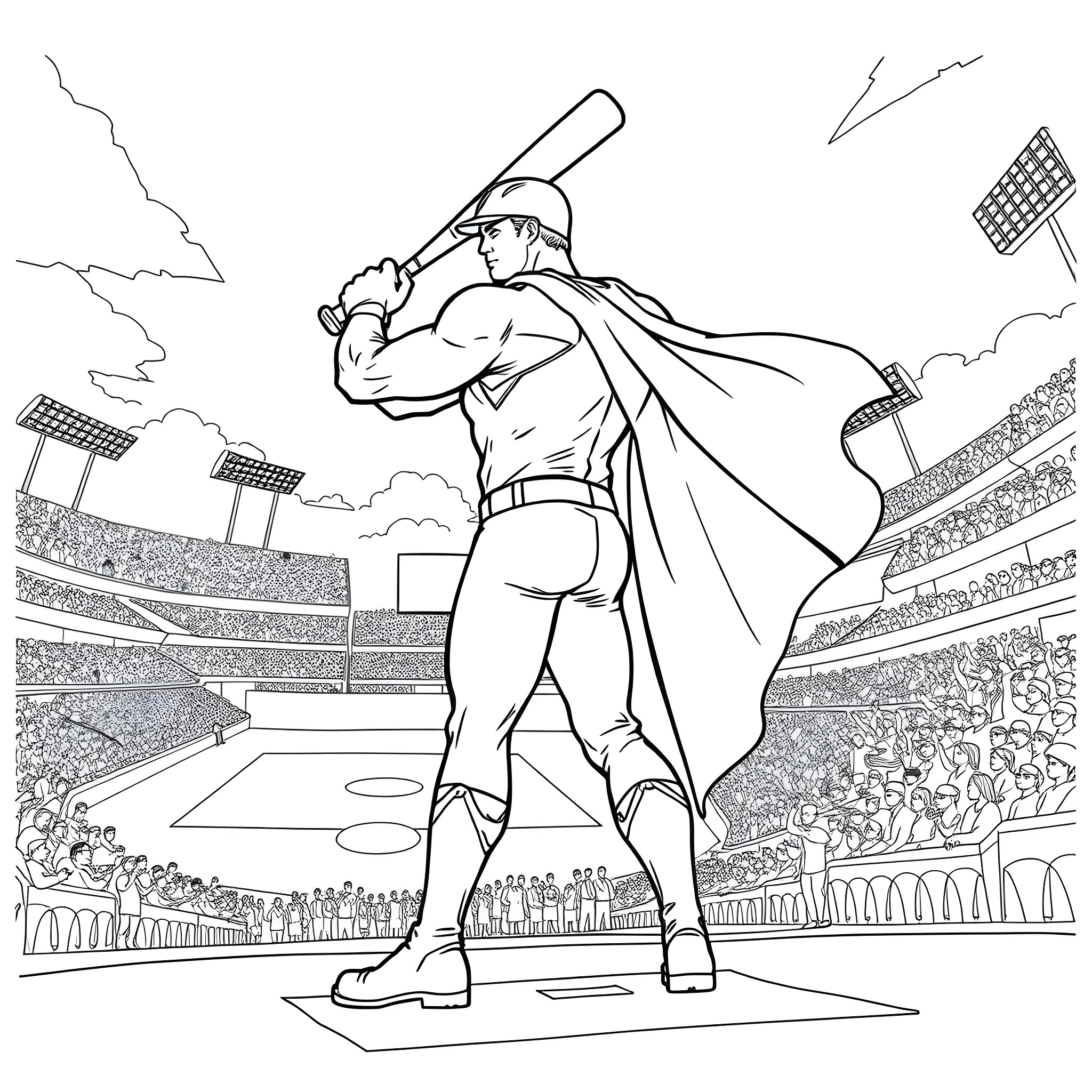 Superman batting at a baseball stadium Coloring Page (free black-and-white line drawing printable PDF for all, from beginners to advanced learners, including children, teens, adults, and seniors)