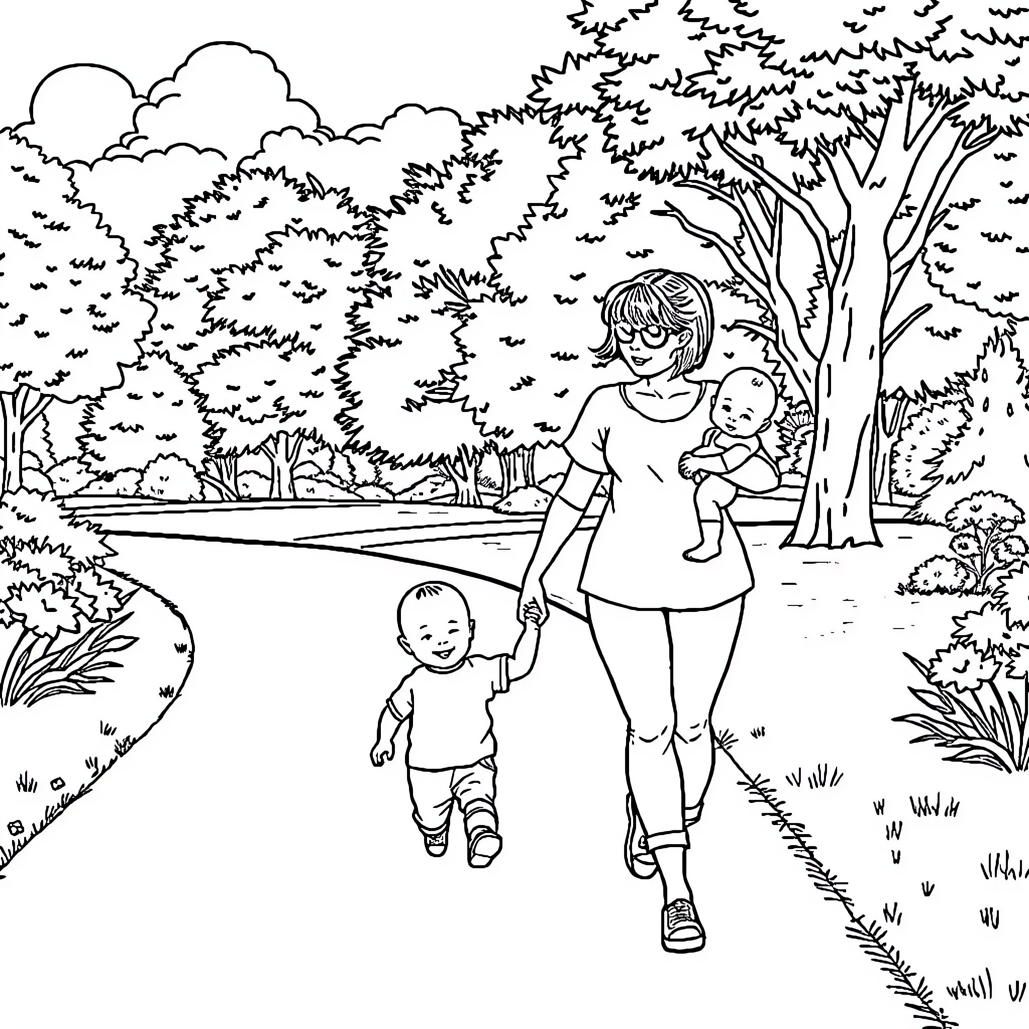 Mom enjoying a walk with her children in the park Coloring Page (free black-and-white line drawing printable PDF for all, from beginners to advanced learners, including children, teens, adults, and seniors)