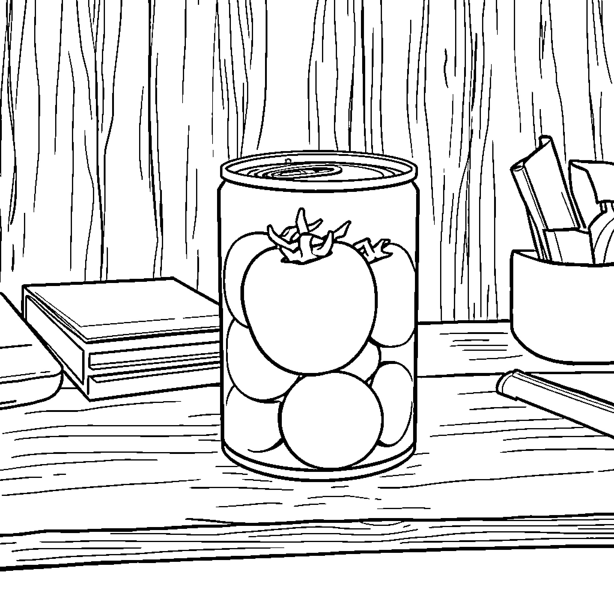 Can a can of tomatoes sit on a wooden desk Coloring Page (free black-and-white line drawing printable PDF for all, from beginners to advanced learners, including children, teens, adults, and seniors)