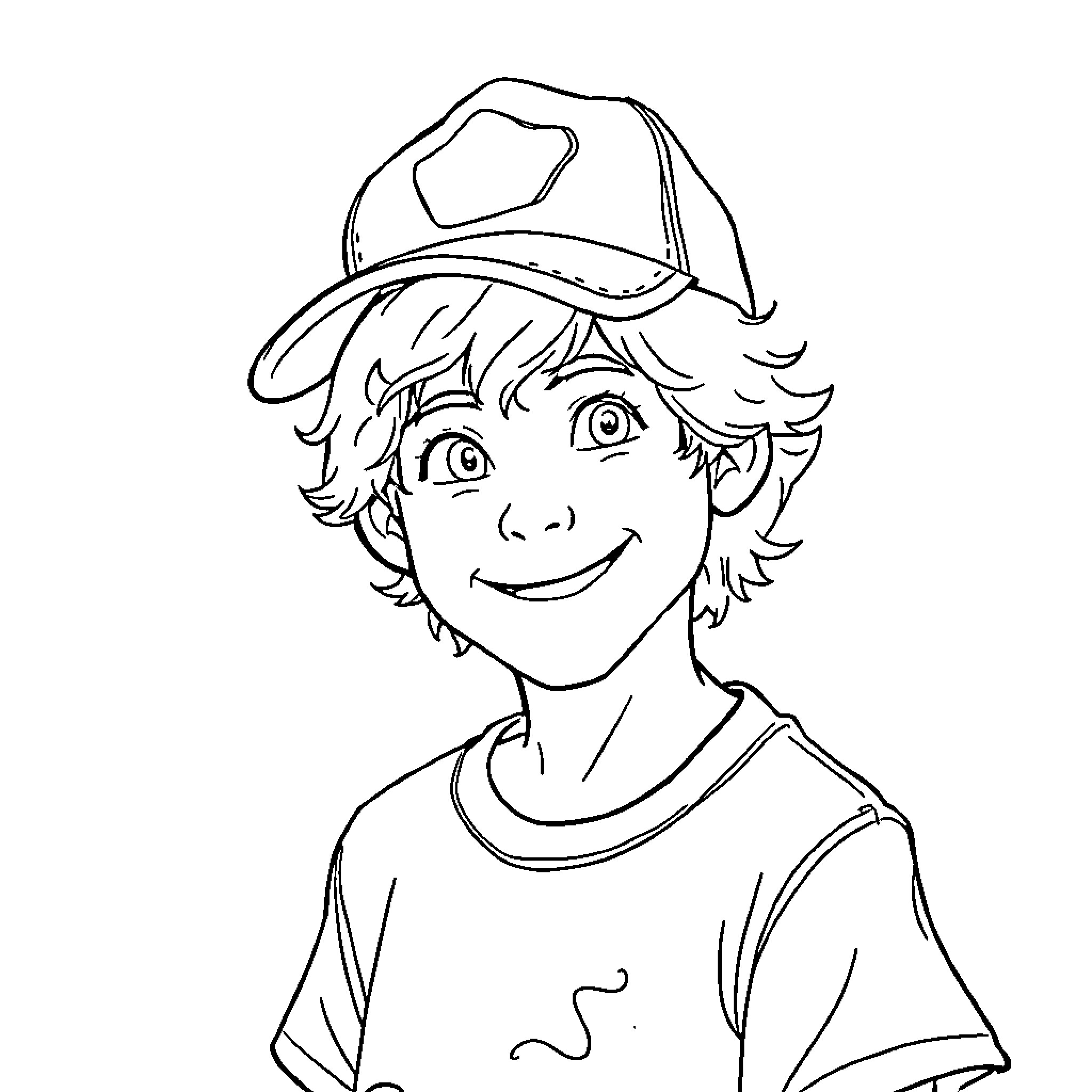 Dustin wearing a cap and smiling happily Coloring Page (free black-and-white line drawing printable PDF for all, from beginners to advanced learners, including children, teens, adults, and seniors)