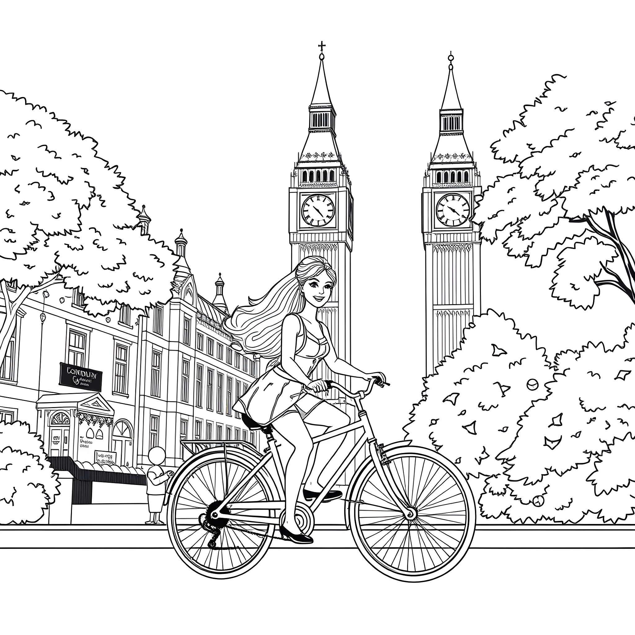 Barbie's Bicycle Adventure in London Coloring Page (free black-and-white line drawing printable PDF for all, from beginners to advanced learners, including children, teens, adults, and seniors)