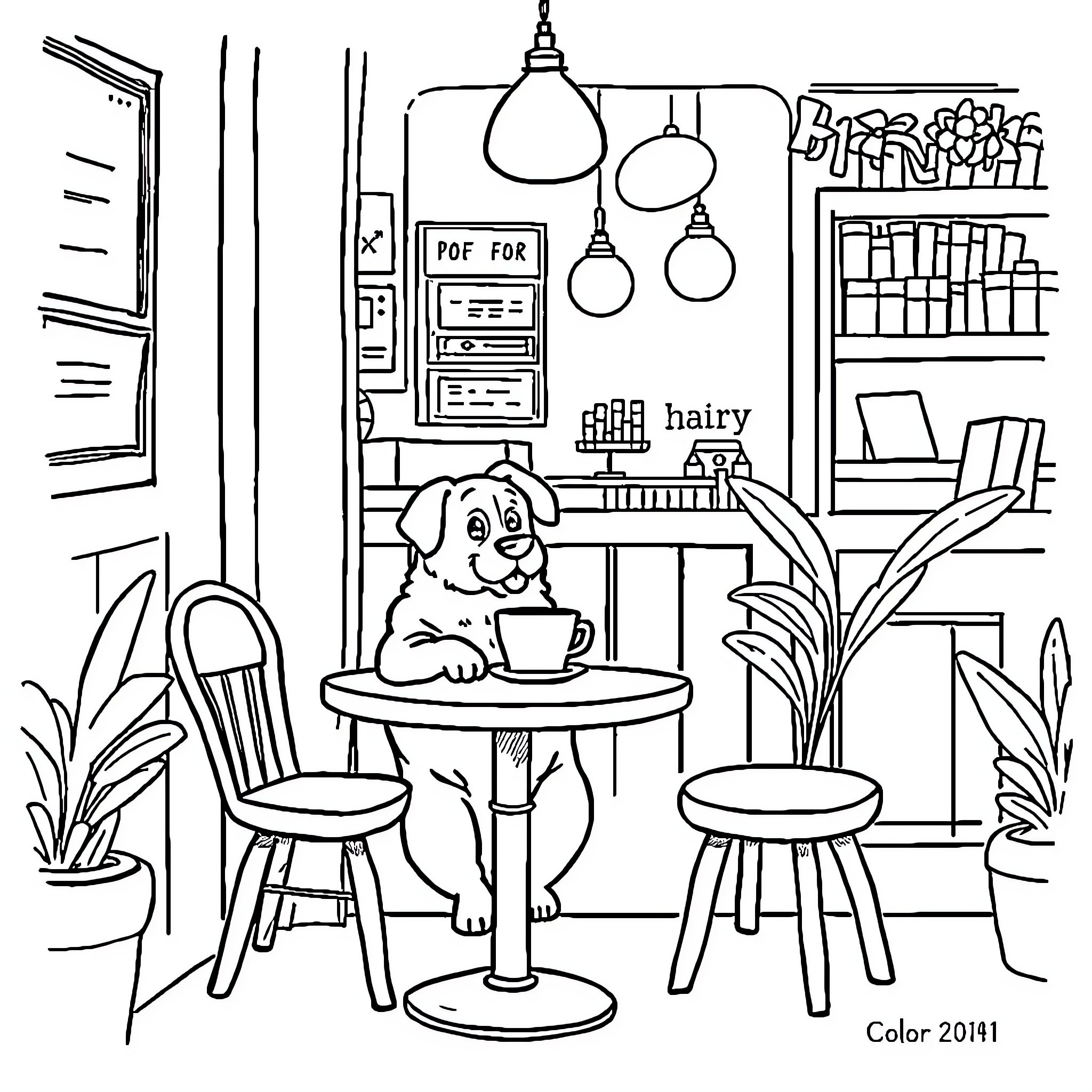 Dog relaxing in a cozy cafe Coloring Page (free black-and-white line drawing printable PDF for all, from beginners to advanced learners, including children, teens, adults, and seniors)