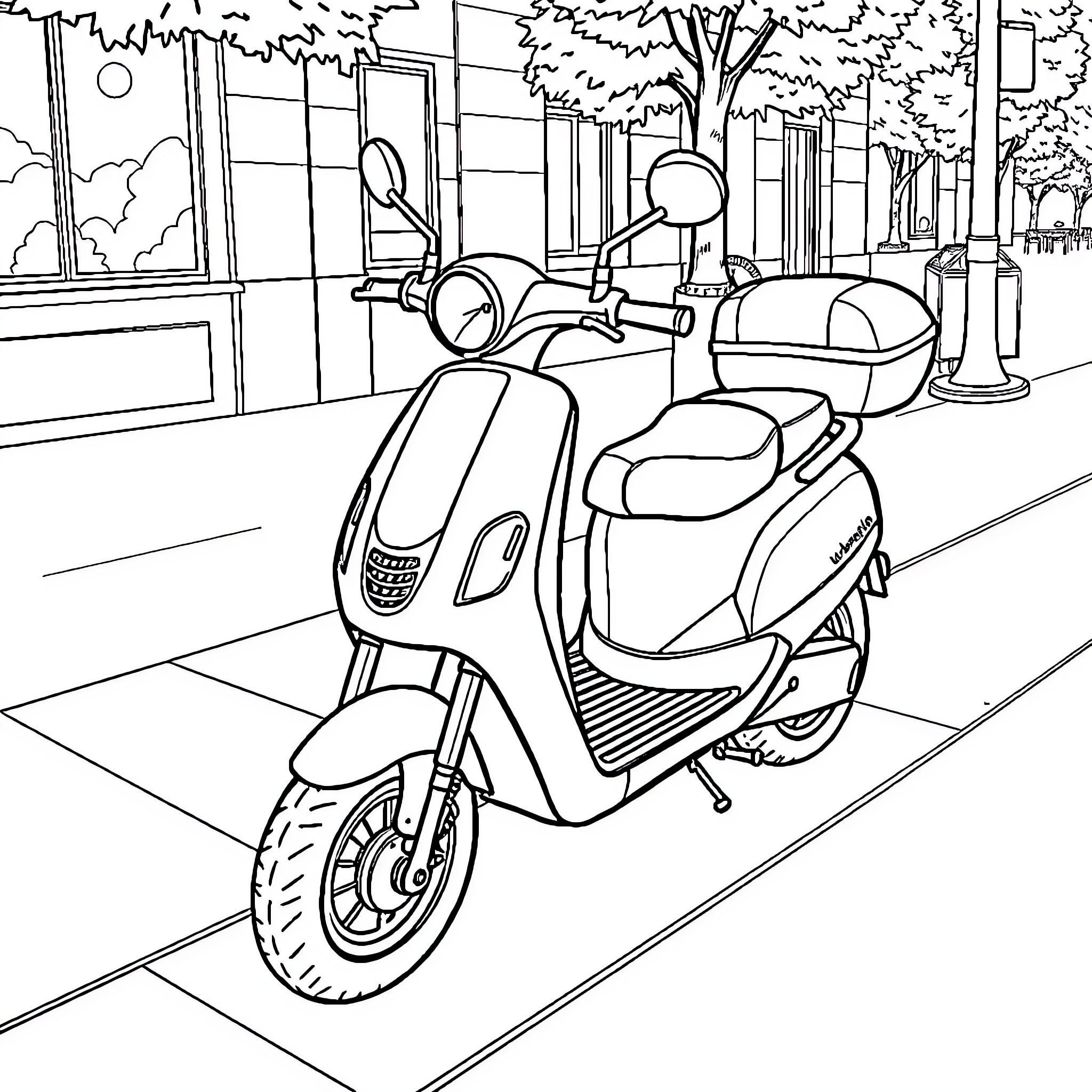 Scooter parked on city street Coloring Page (free black-and-white line drawing printable PDF for all, from beginners to advanced learners, including children, teens, adults, and seniors)