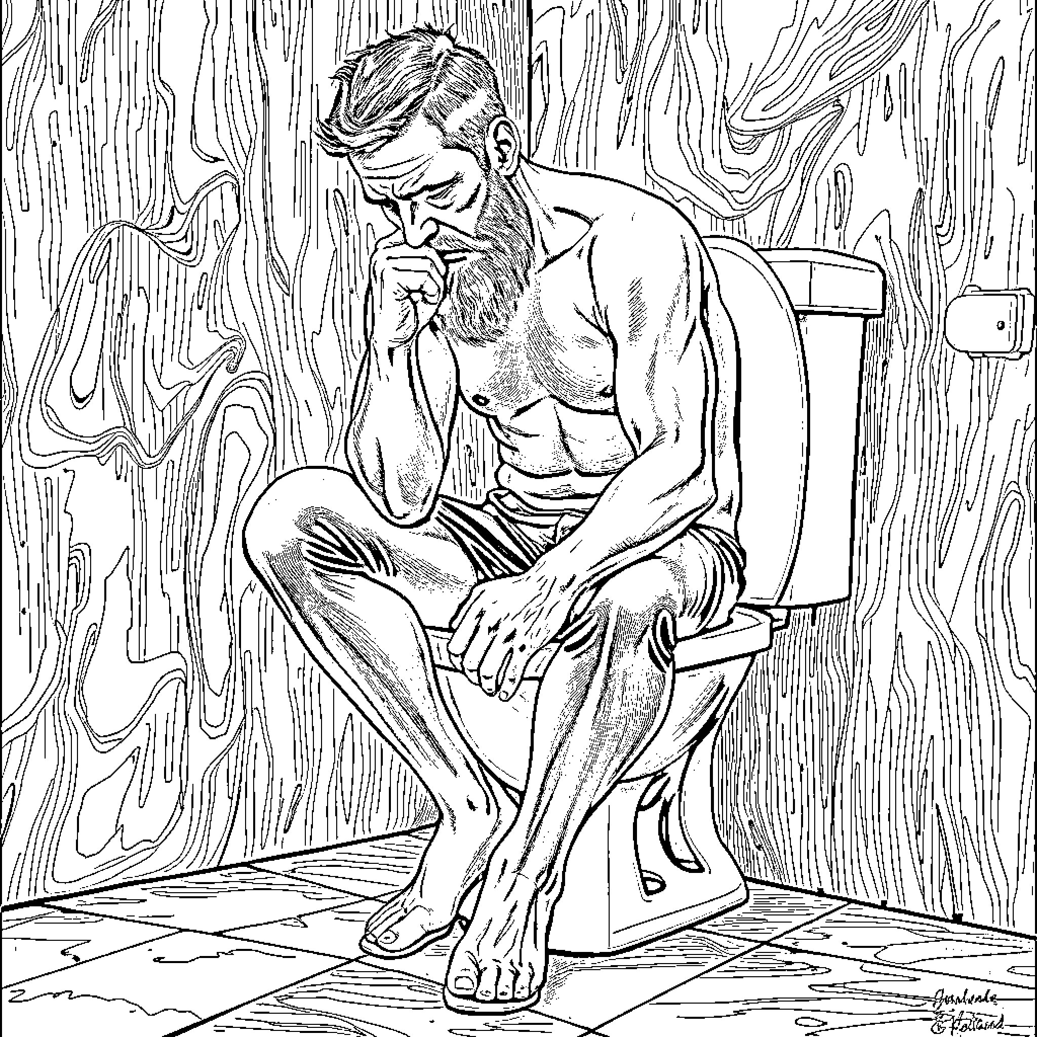 Man resting in a pensive moment Coloring Page (free black-and-white line drawing printable PDF for all, from beginners to advanced learners, including children, teens, adults, and seniors)