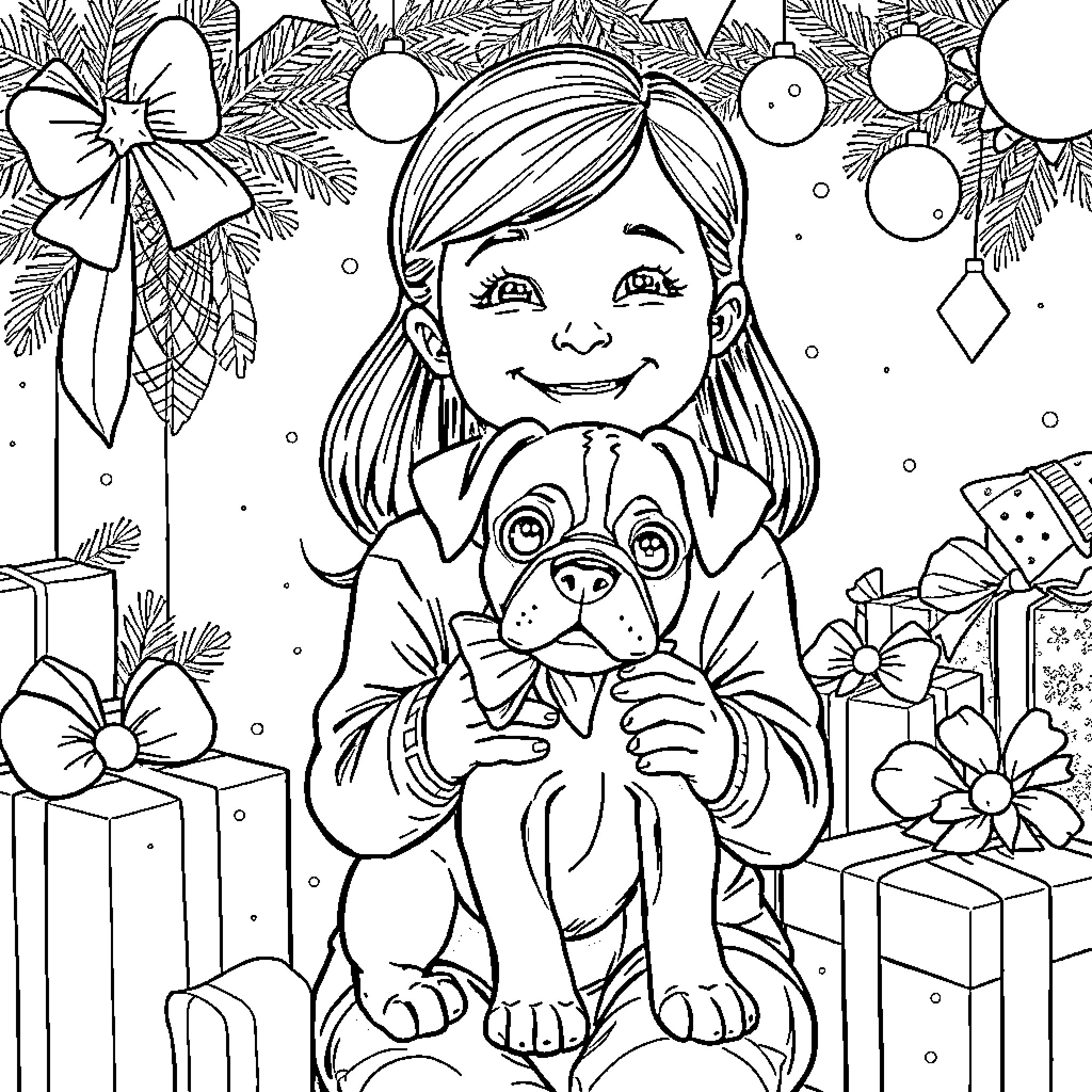 Girl with puppy enjoying holiday decorations Coloring Page (free black-and-white line drawing printable PDF for all, from beginners to advanced learners, including children, teens, adults, and seniors)