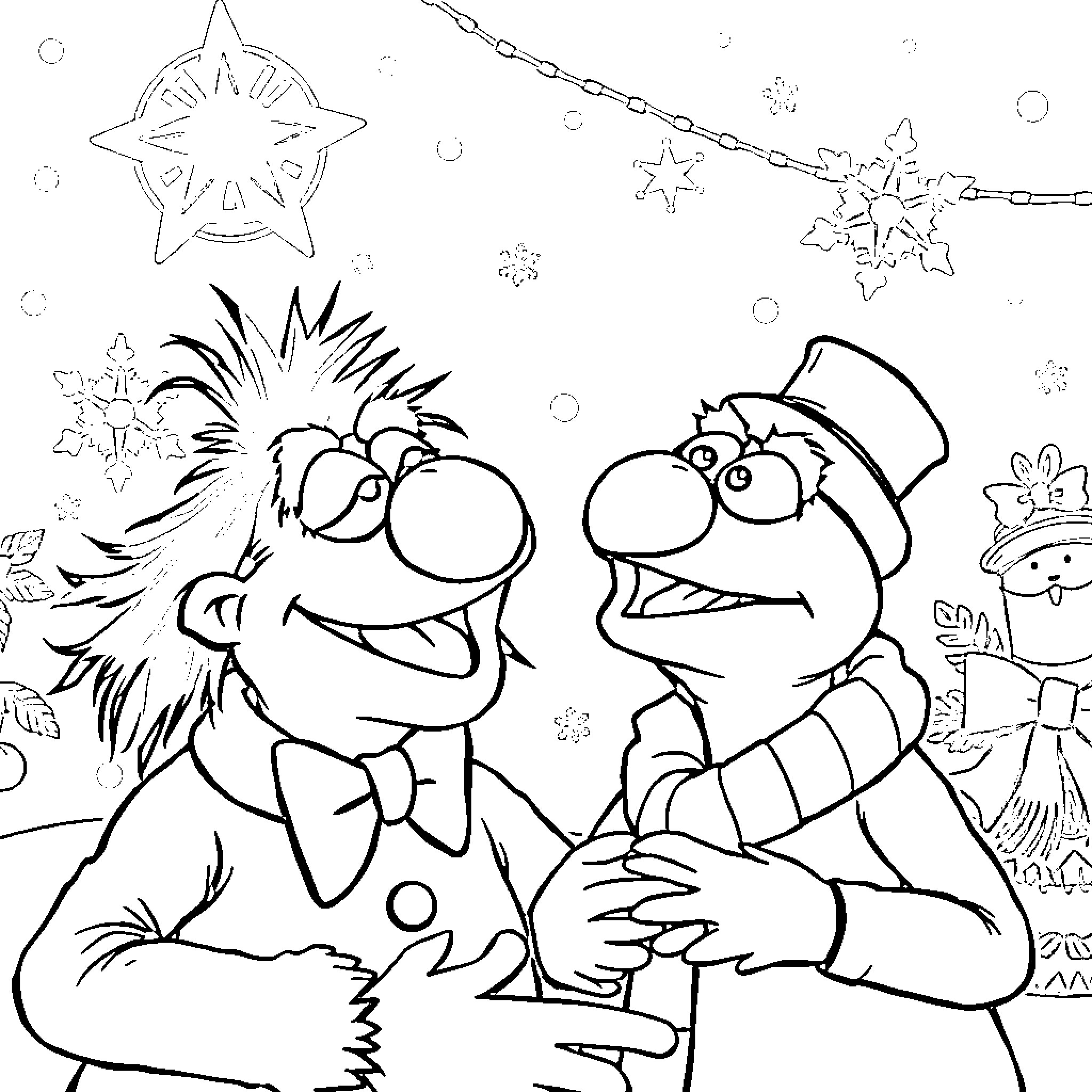 Gonzo's Whimsical Winter Wonderland Coloring Page (free black-and-white line drawing printable PDF for all, from beginners to advanced learners, including children, teens, adults, and seniors)