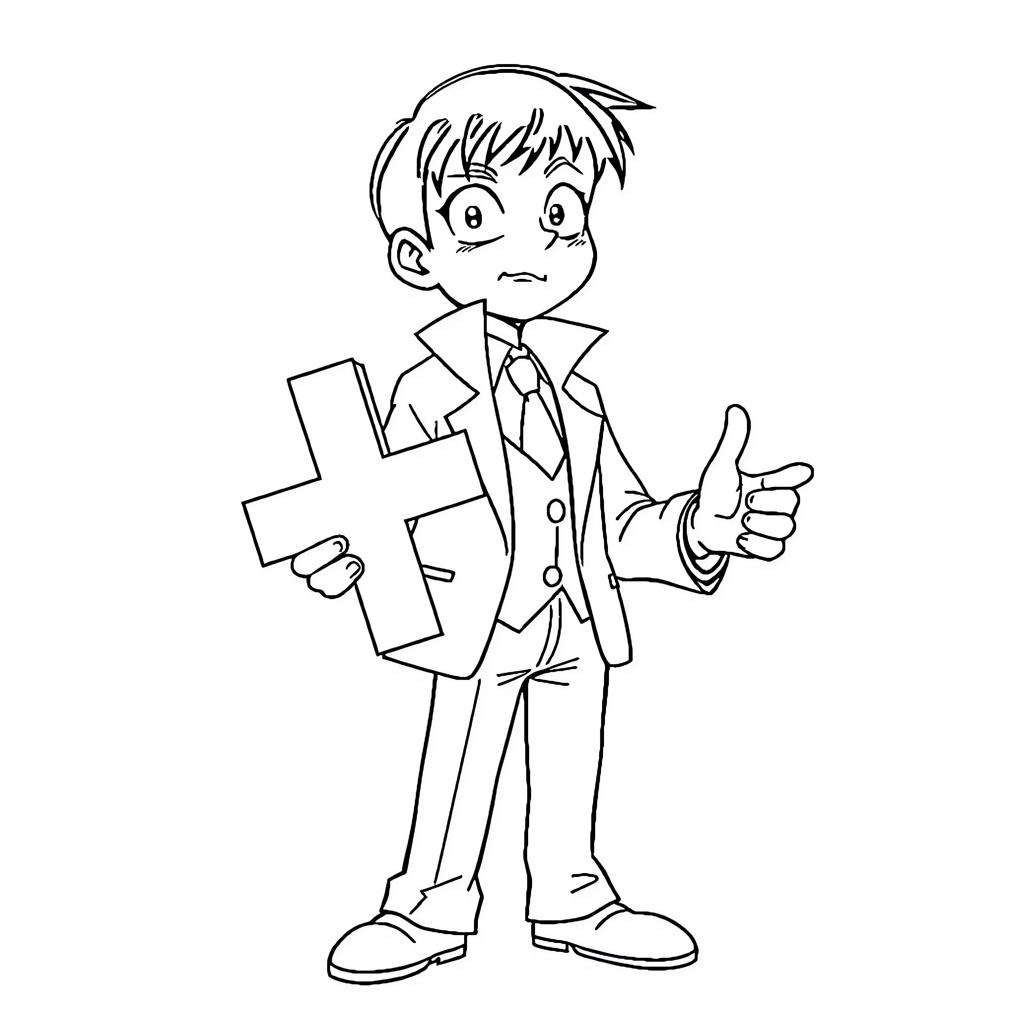 Detective Conan in Cheerful Gesture with Cross Coloring Page (free black-and-white line drawing printable PDF for all, from beginners to advanced learners, including children, teens, adults, and seniors)